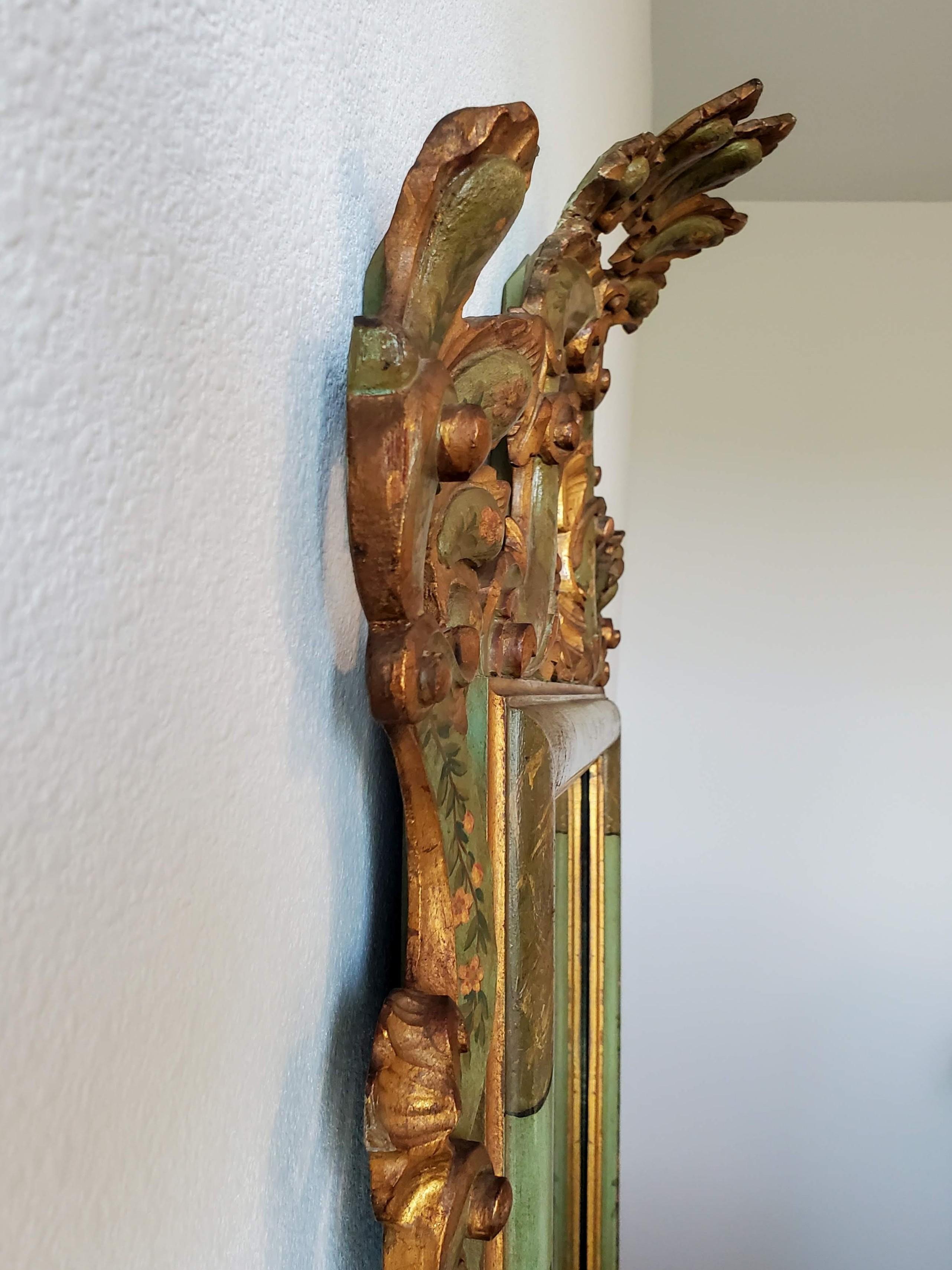 Venetian Rococo Carved Polychrome Painted Green Gilt Wood Frame Wall Mirror For Sale 4