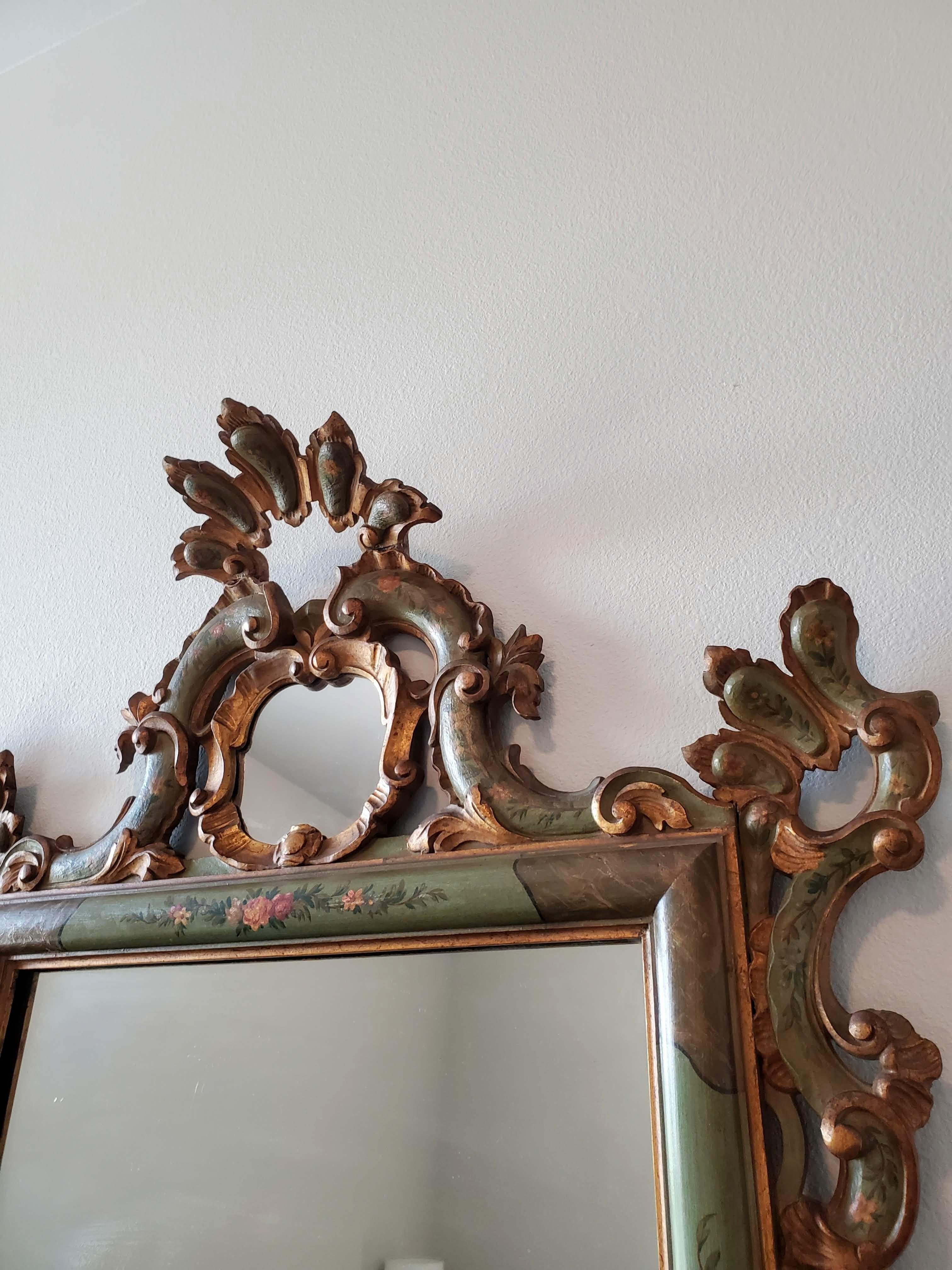 Venetian Rococo Carved Polychrome Painted Green Gilt Wood Frame Wall Mirror For Sale 5