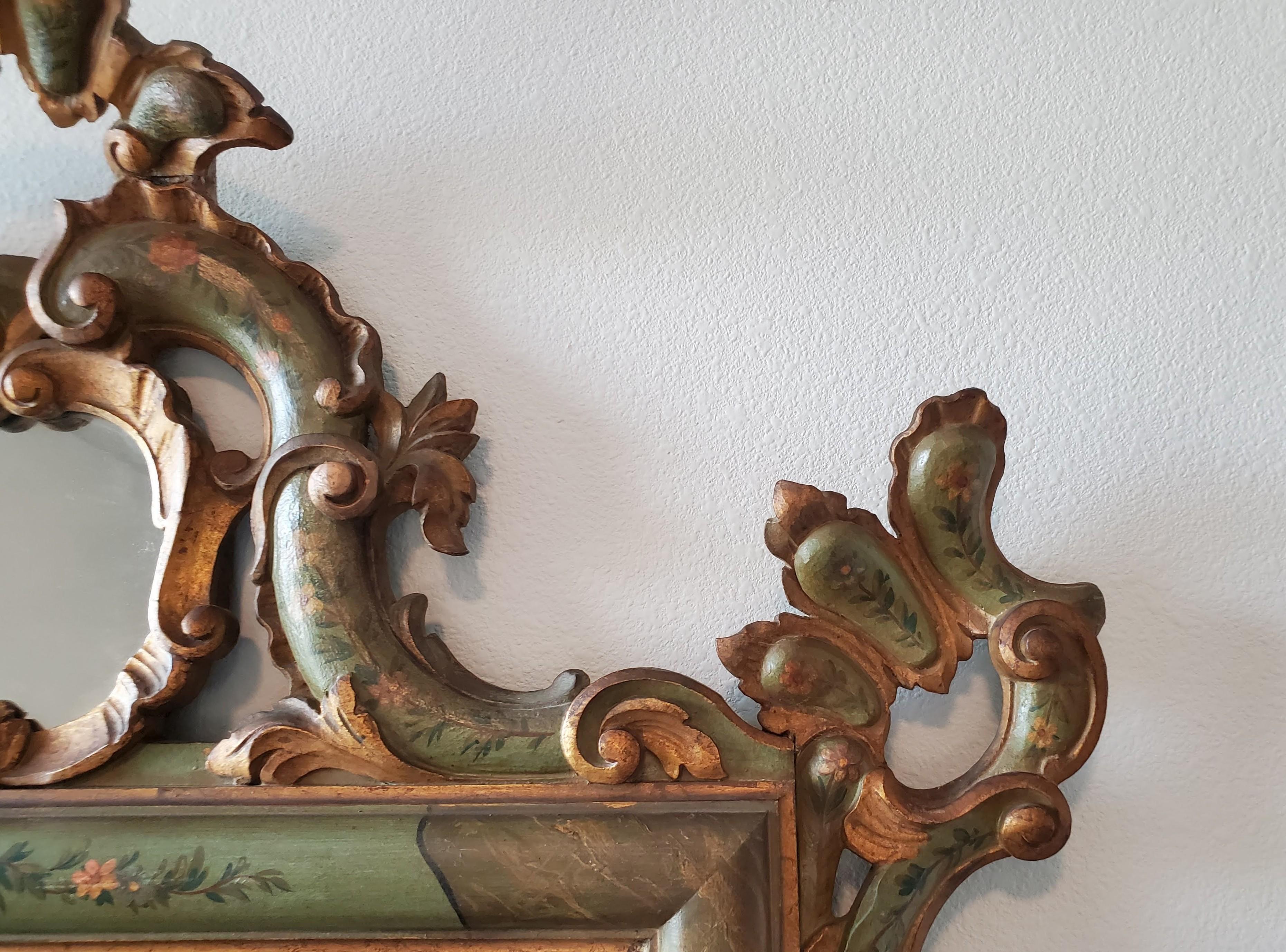 Venetian Rococo Carved Polychrome Painted Green Gilt Wood Frame Wall Mirror For Sale 6