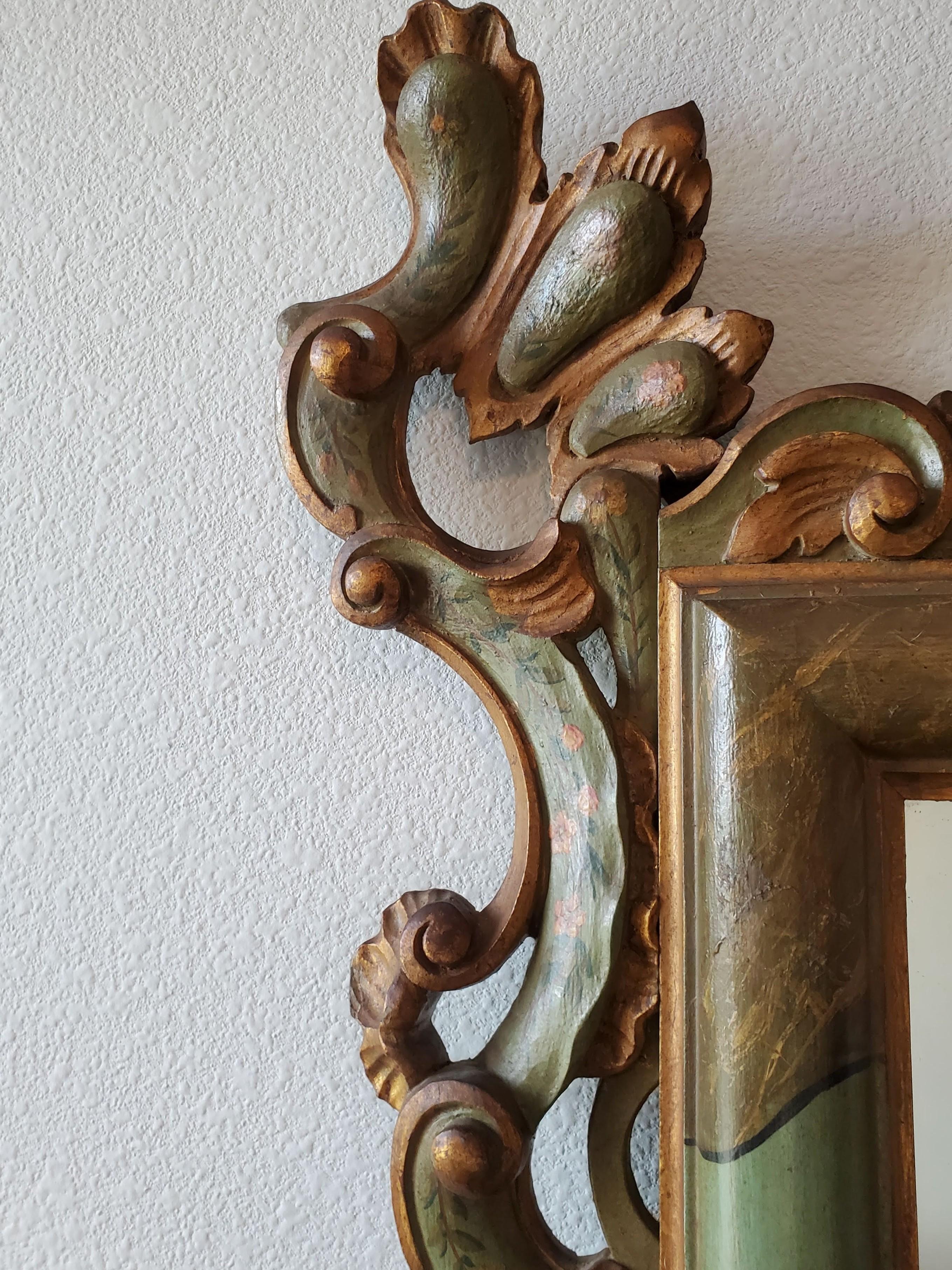 Venetian Rococo Carved Polychrome Painted Green Gilt Wood Frame Wall Mirror For Sale 7