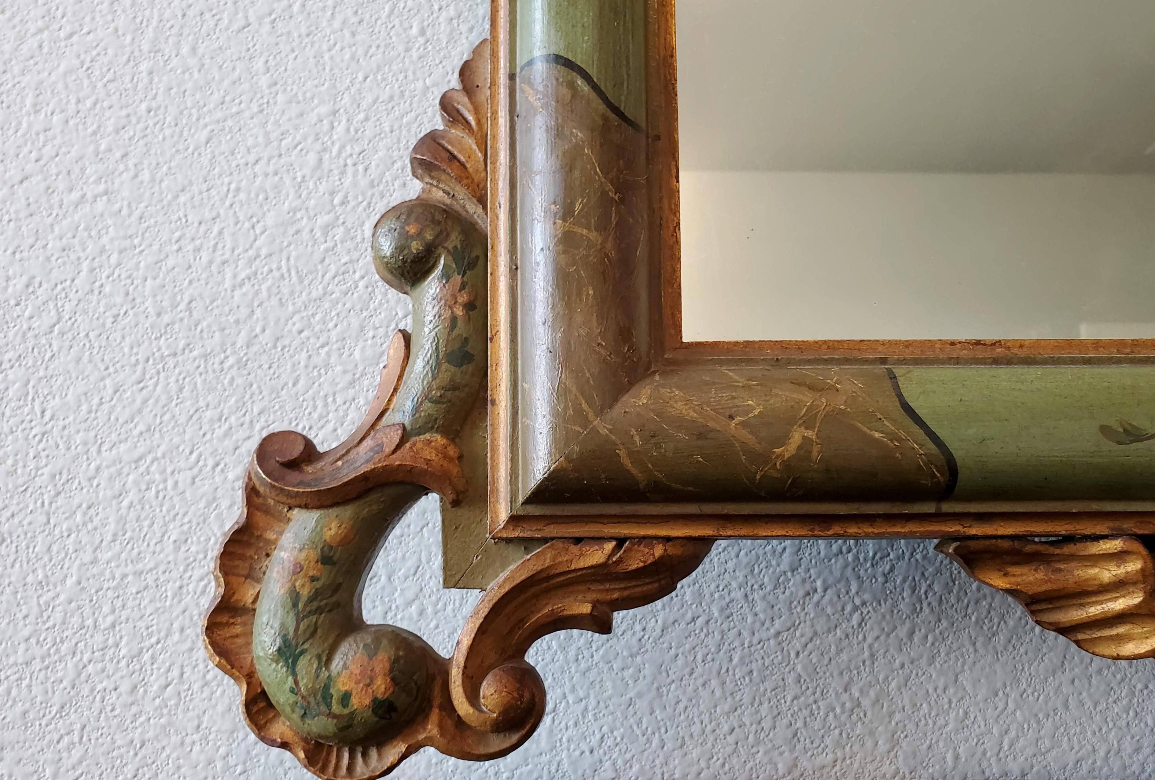Venetian Rococo Carved Polychrome Painted Green Gilt Wood Frame Wall Mirror For Sale 8