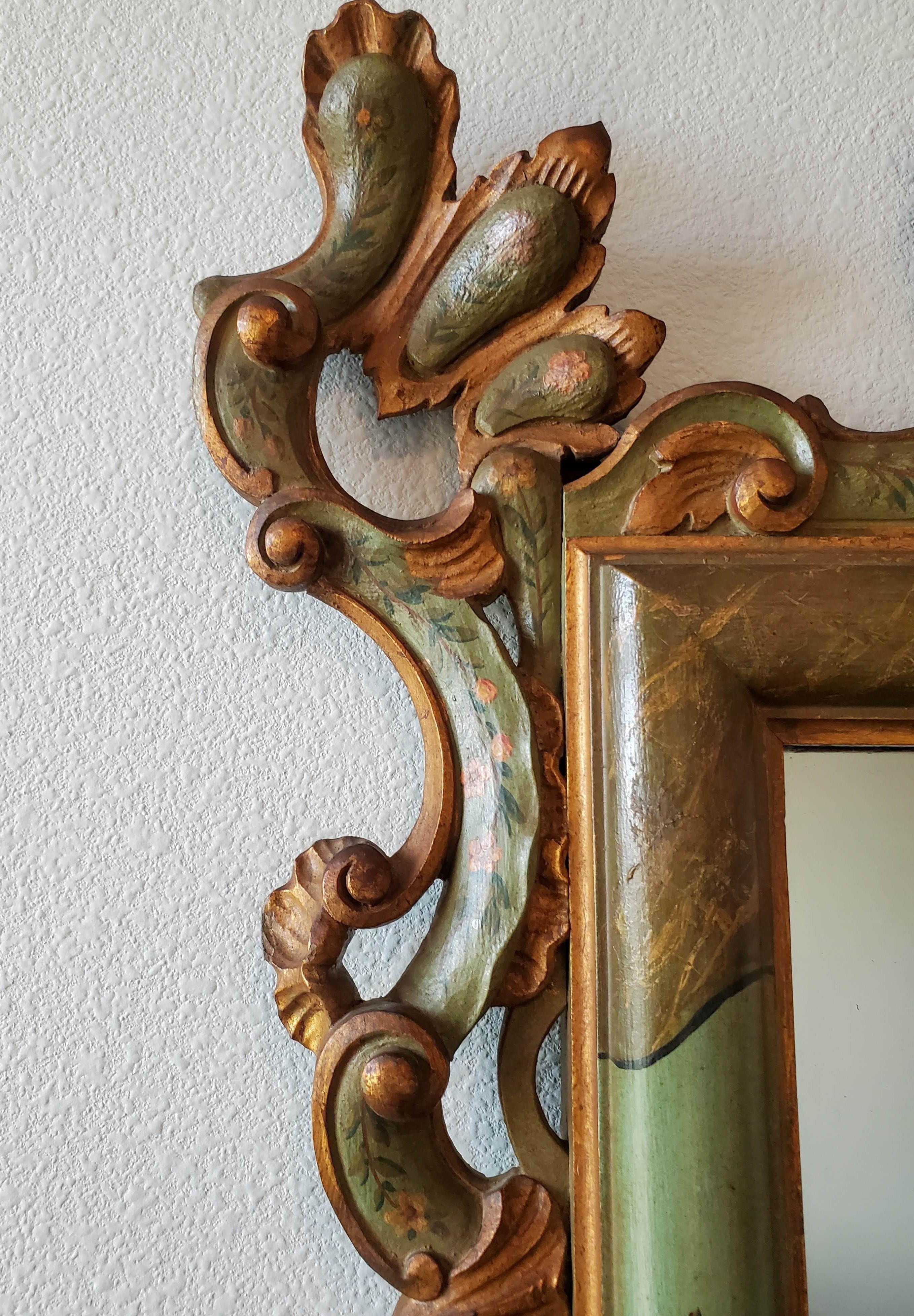 Venetian Rococo Carved Polychrome Painted Green Gilt Wood Frame Wall Mirror For Sale 9