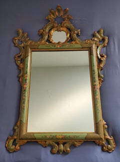 Venetian Rococo Carved Polychrome Painted Green Gilt Wood Frame Wall Mirror
