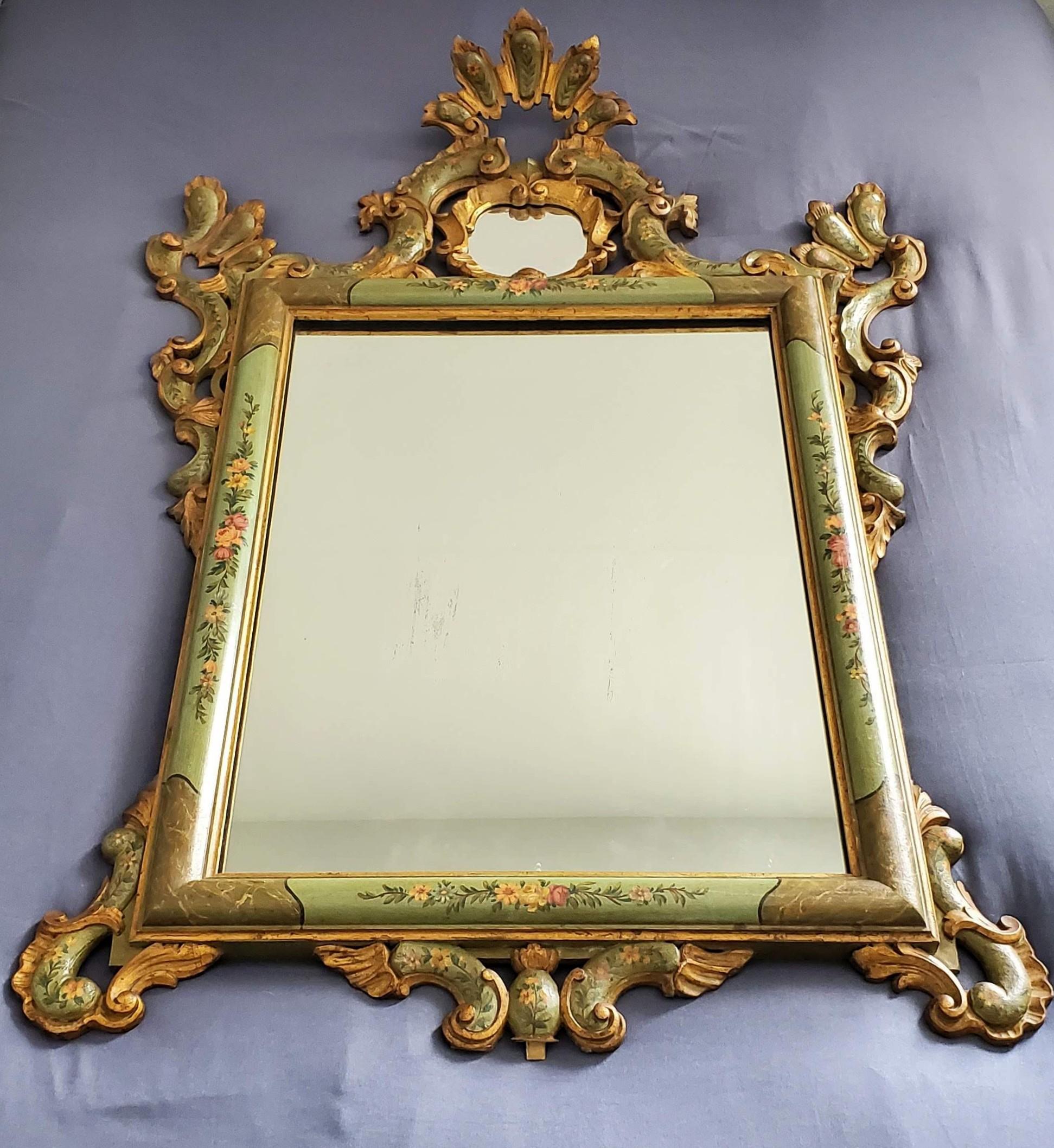 Venetian Rococo Carved Polychrome Painted Green Gilt Wood Frame Wall Mirror For Sale 13