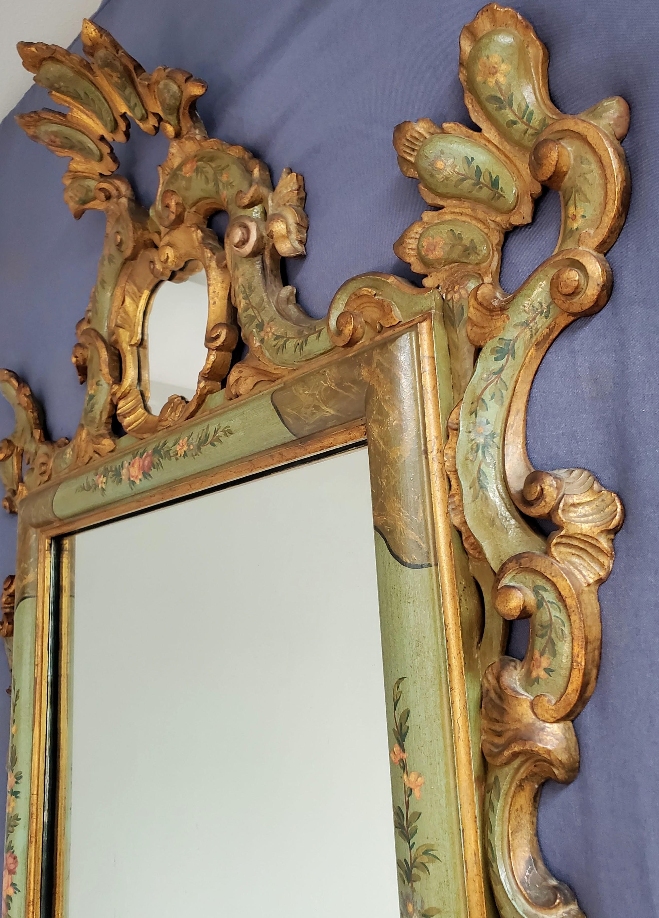 Italian Venetian Rococo Carved Polychrome Painted Green Gilt Wood Frame Wall Mirror For Sale