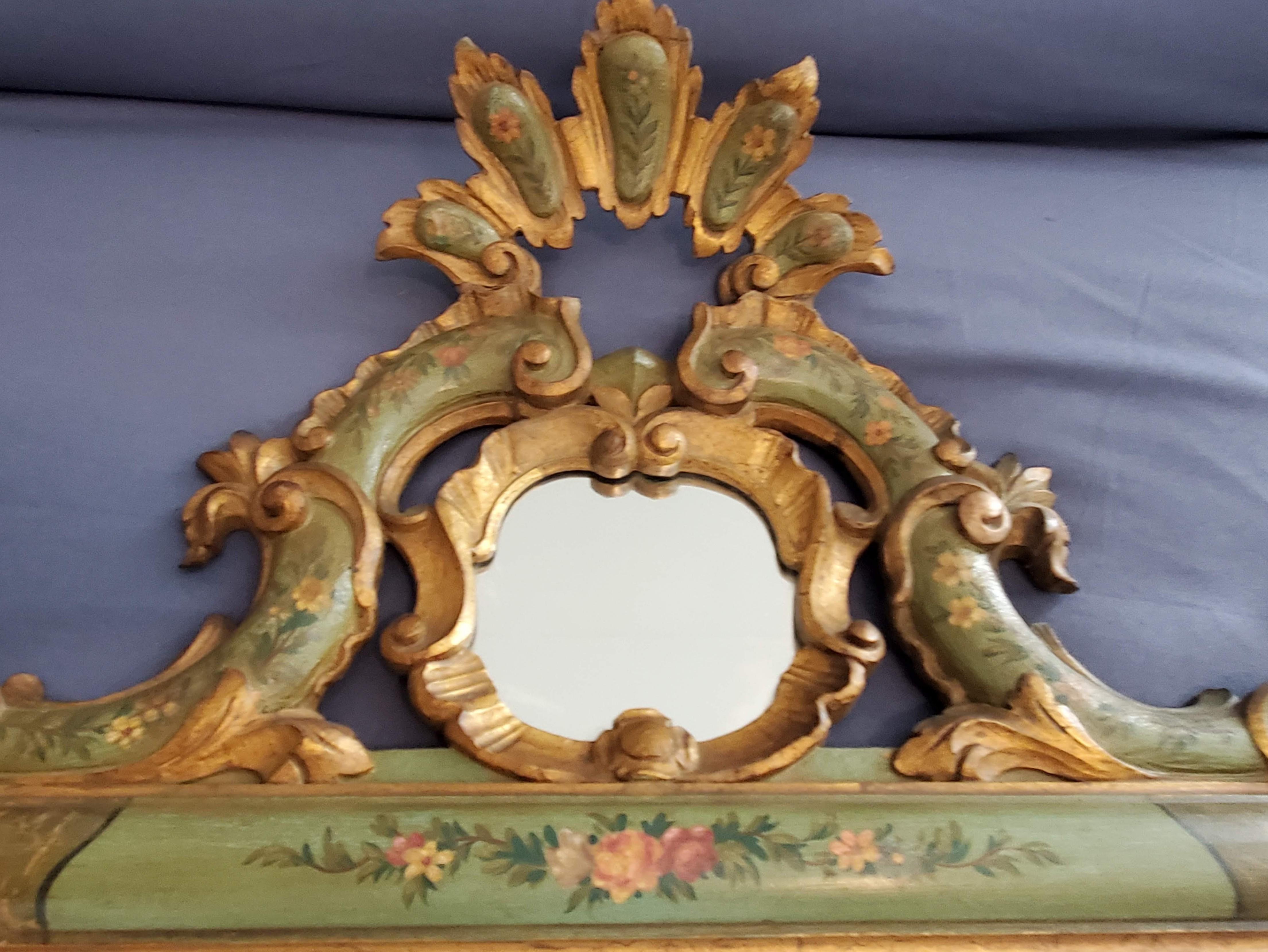 Hand-Carved Venetian Rococo Carved Polychrome Painted Green Gilt Wood Frame Wall Mirror For Sale