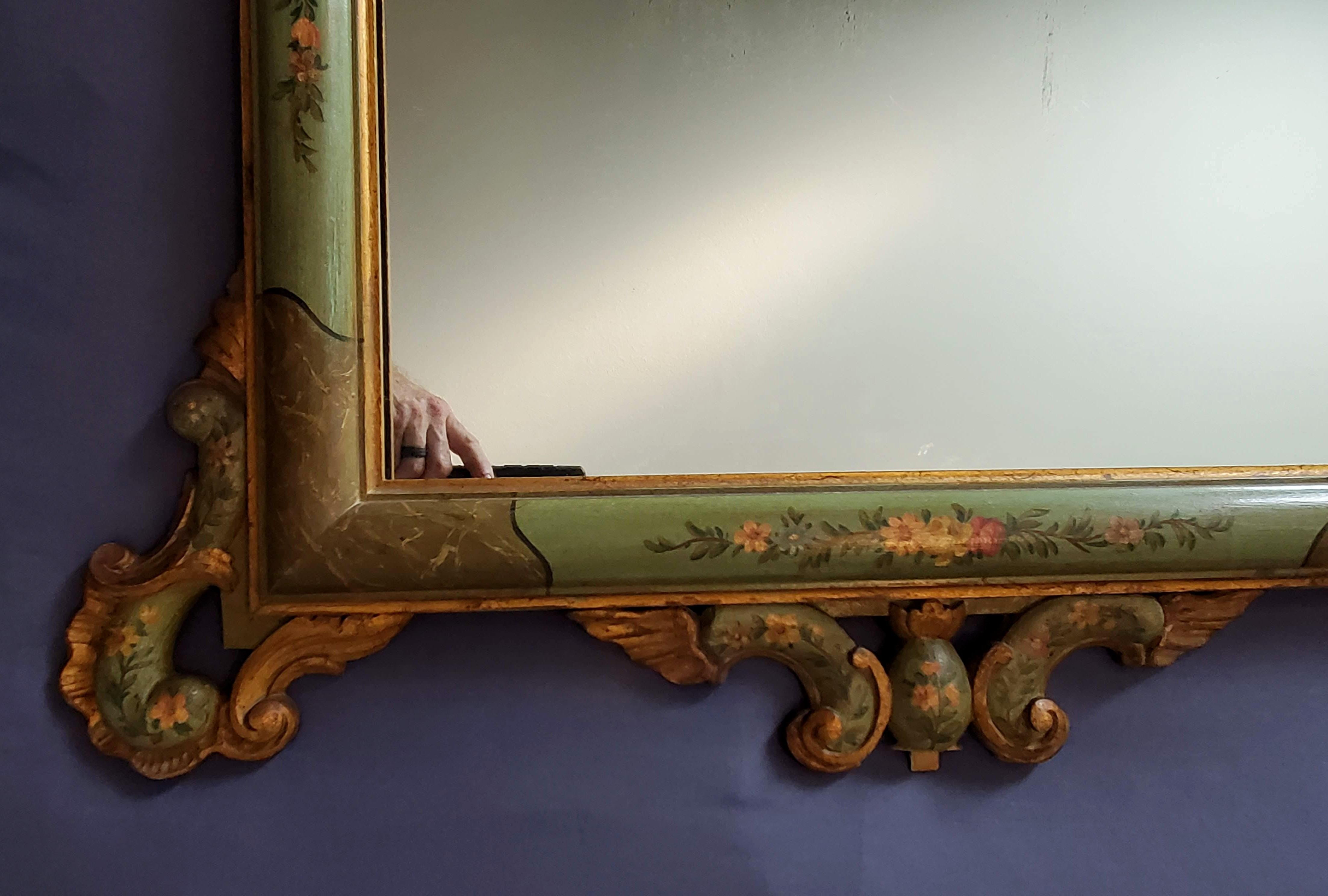 Venetian Rococo Carved Polychrome Painted Green Gilt Wood Frame Wall Mirror In Good Condition For Sale In Forney, TX