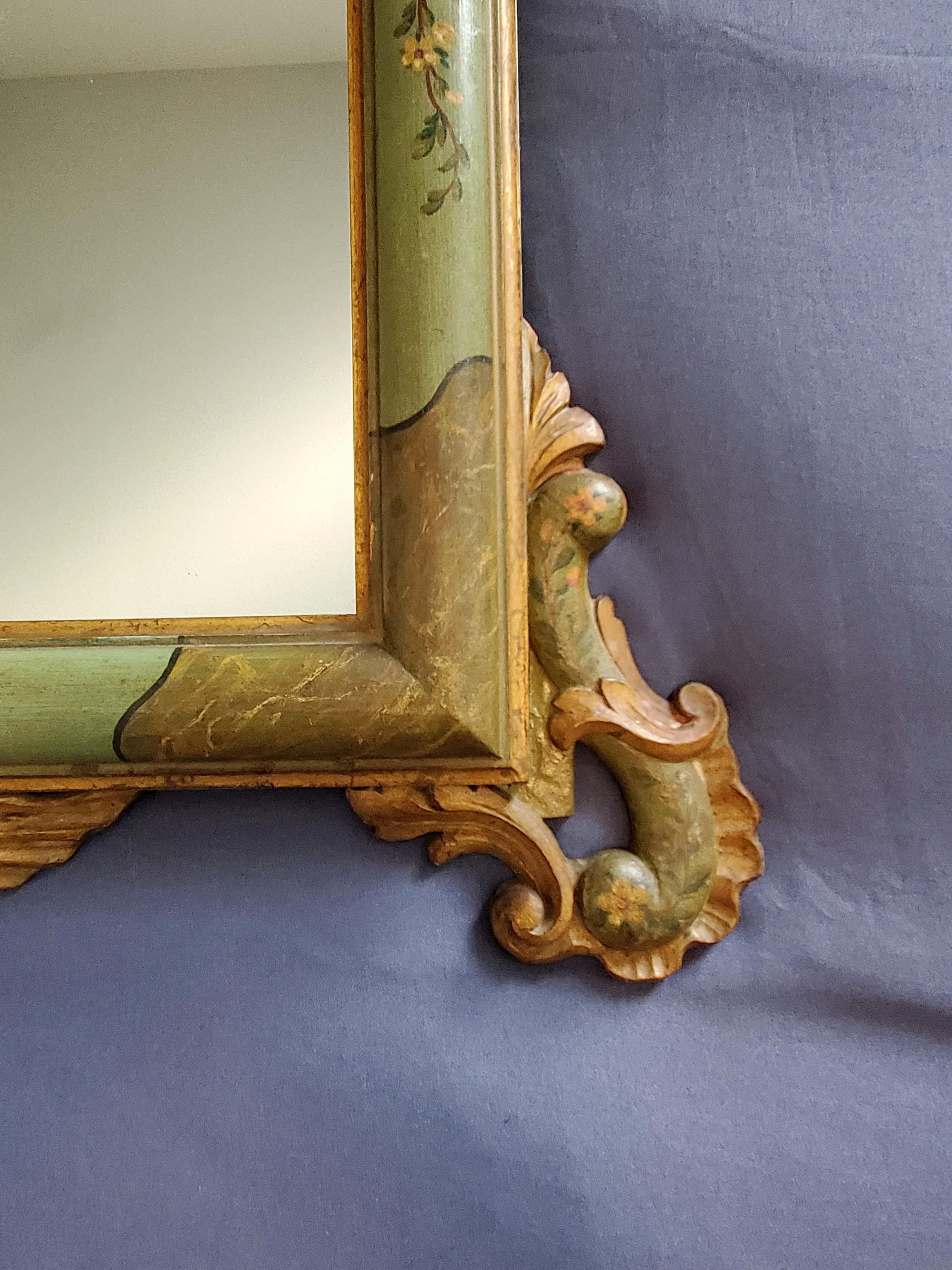 19th Century Venetian Rococo Carved Polychrome Painted Green Gilt Wood Frame Wall Mirror For Sale