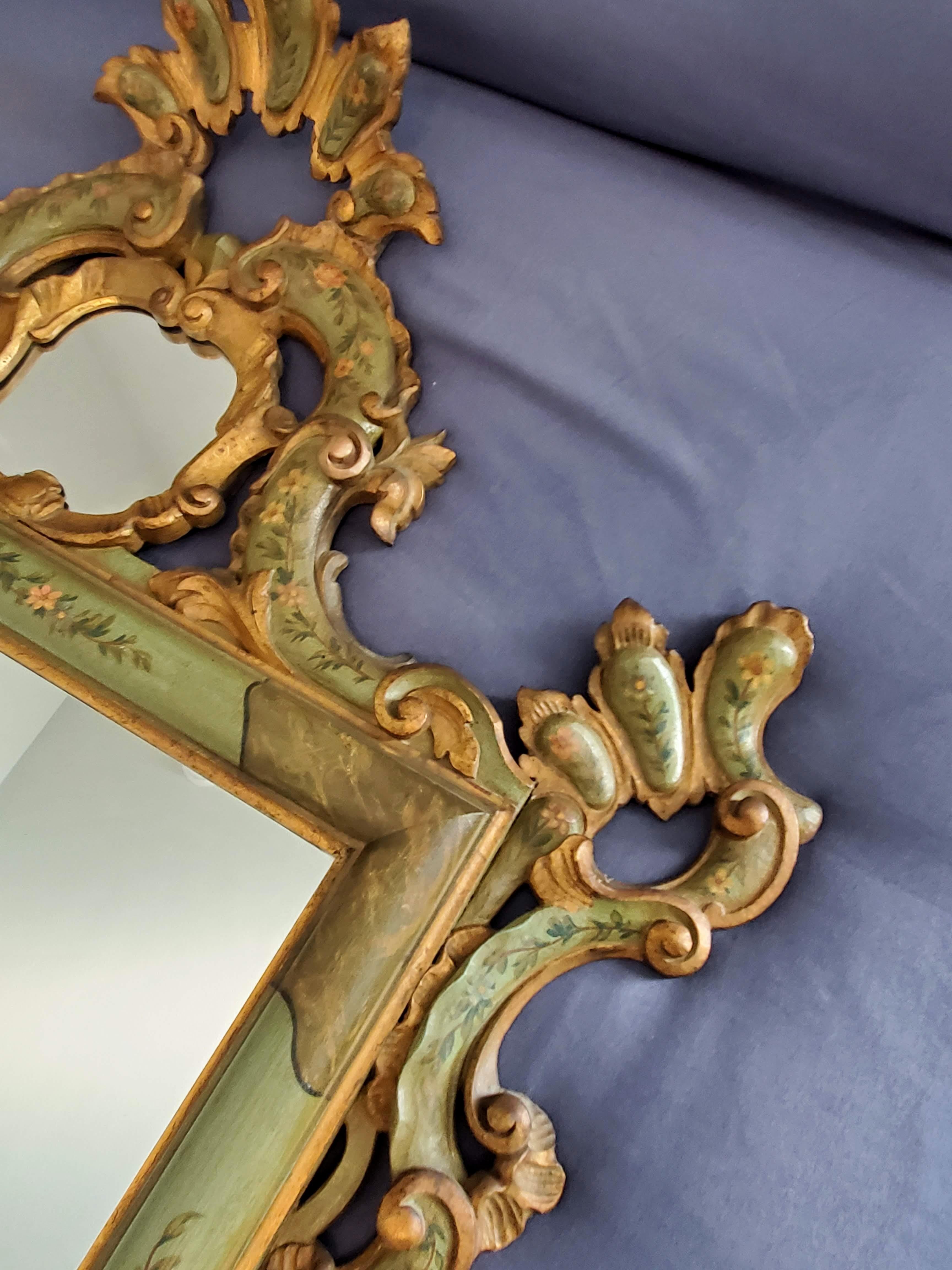 Gesso Venetian Rococo Carved Polychrome Painted Green Gilt Wood Frame Wall Mirror For Sale