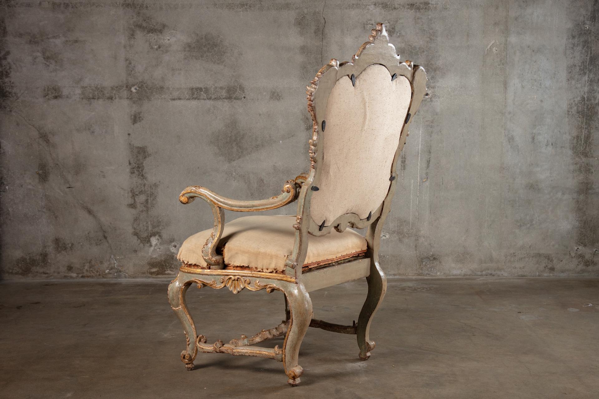 Venetian Rococo parcel gilt and paint decorated armchair, 18th century.