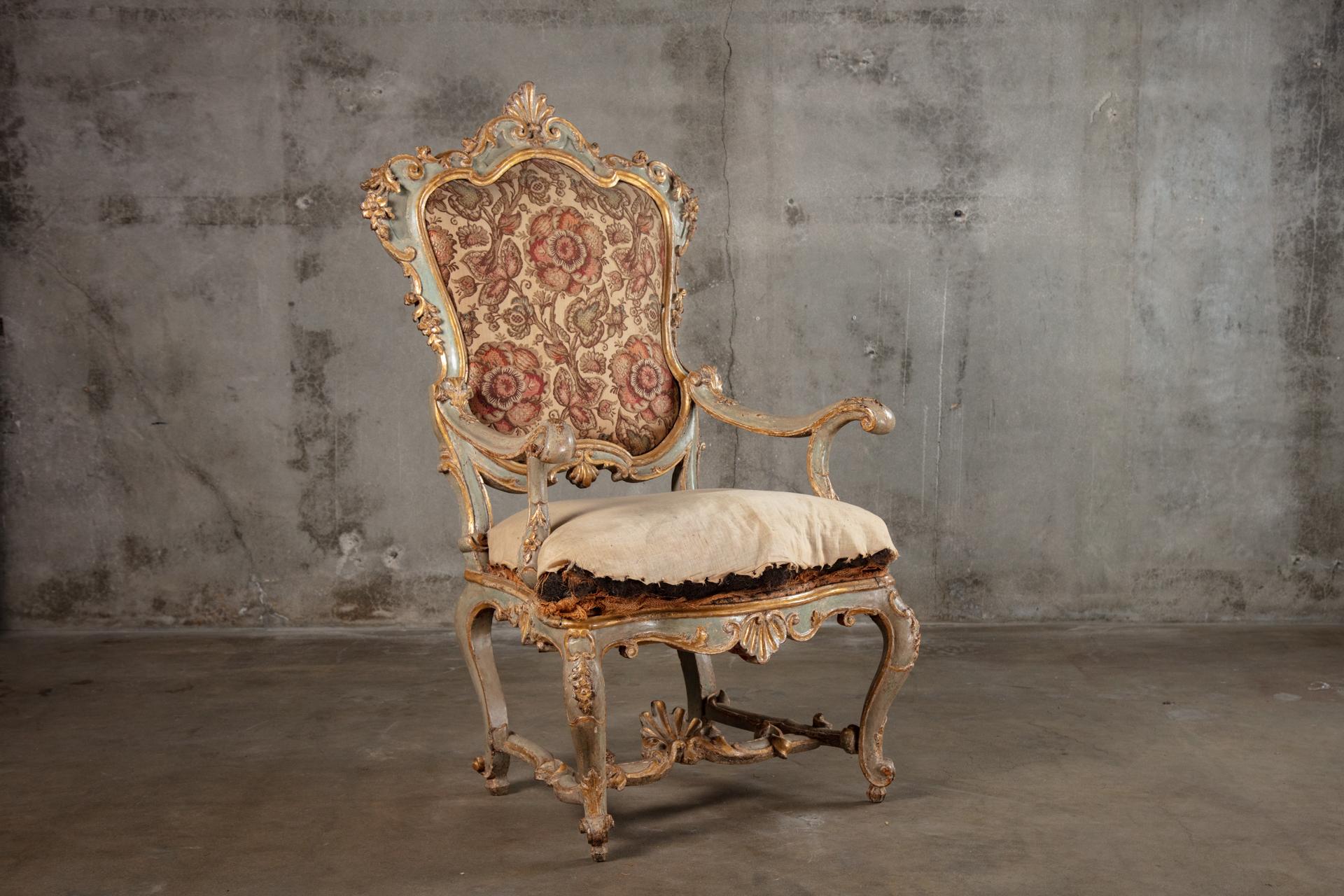 Venetian Rococo Decorated Armchair In Distressed Condition For Sale In Los Angeles, CA