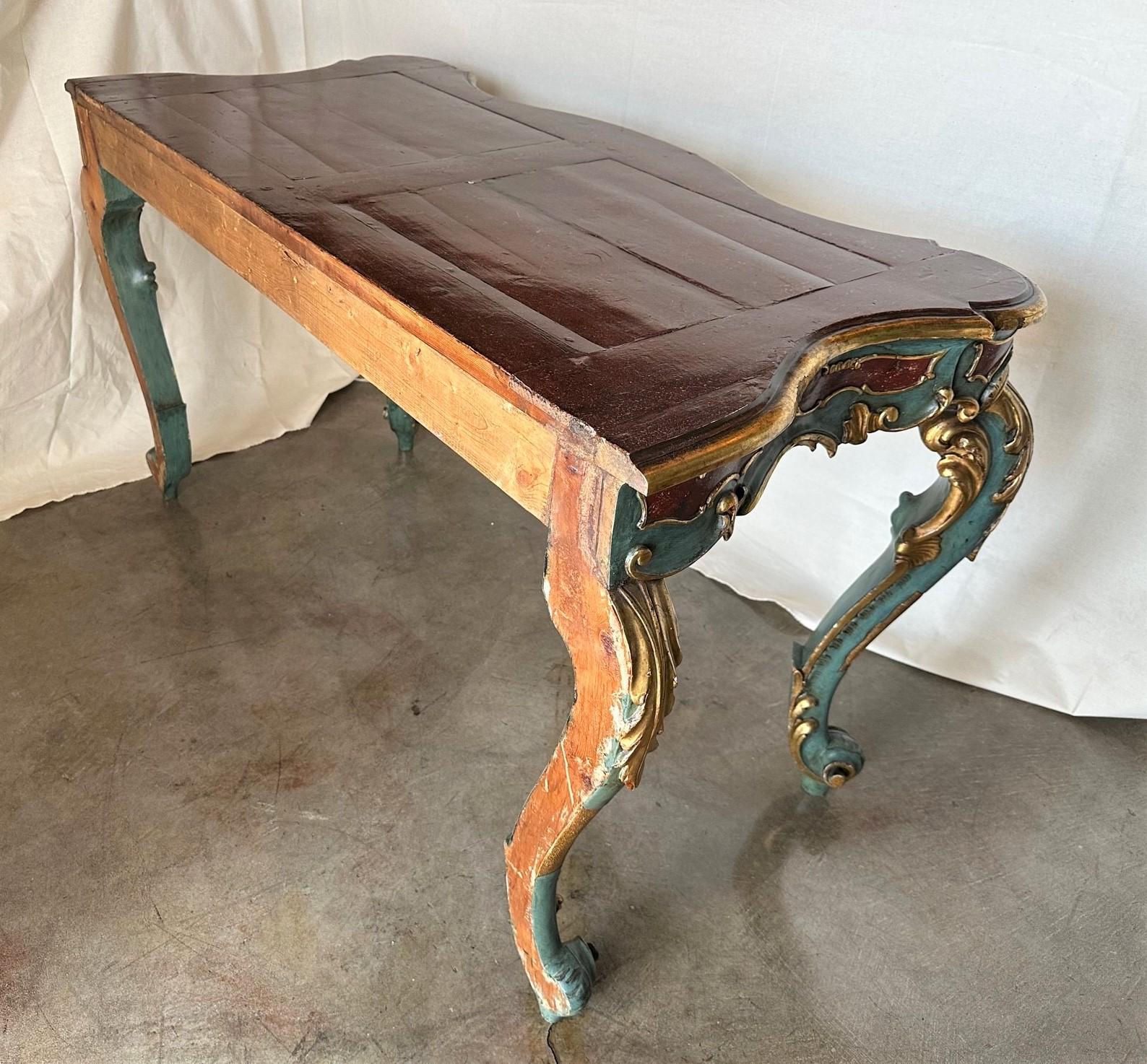 Wood Venetian Rococo Gilt Painted Faux Stone Console Entry Table Office Desk Antique For Sale