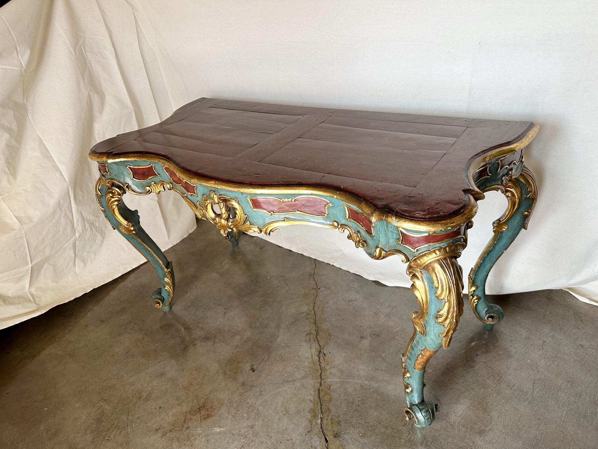 Venetian Rococo Gilt Painted Faux Stone Console Entry Table Office Desk Antique For Sale 2