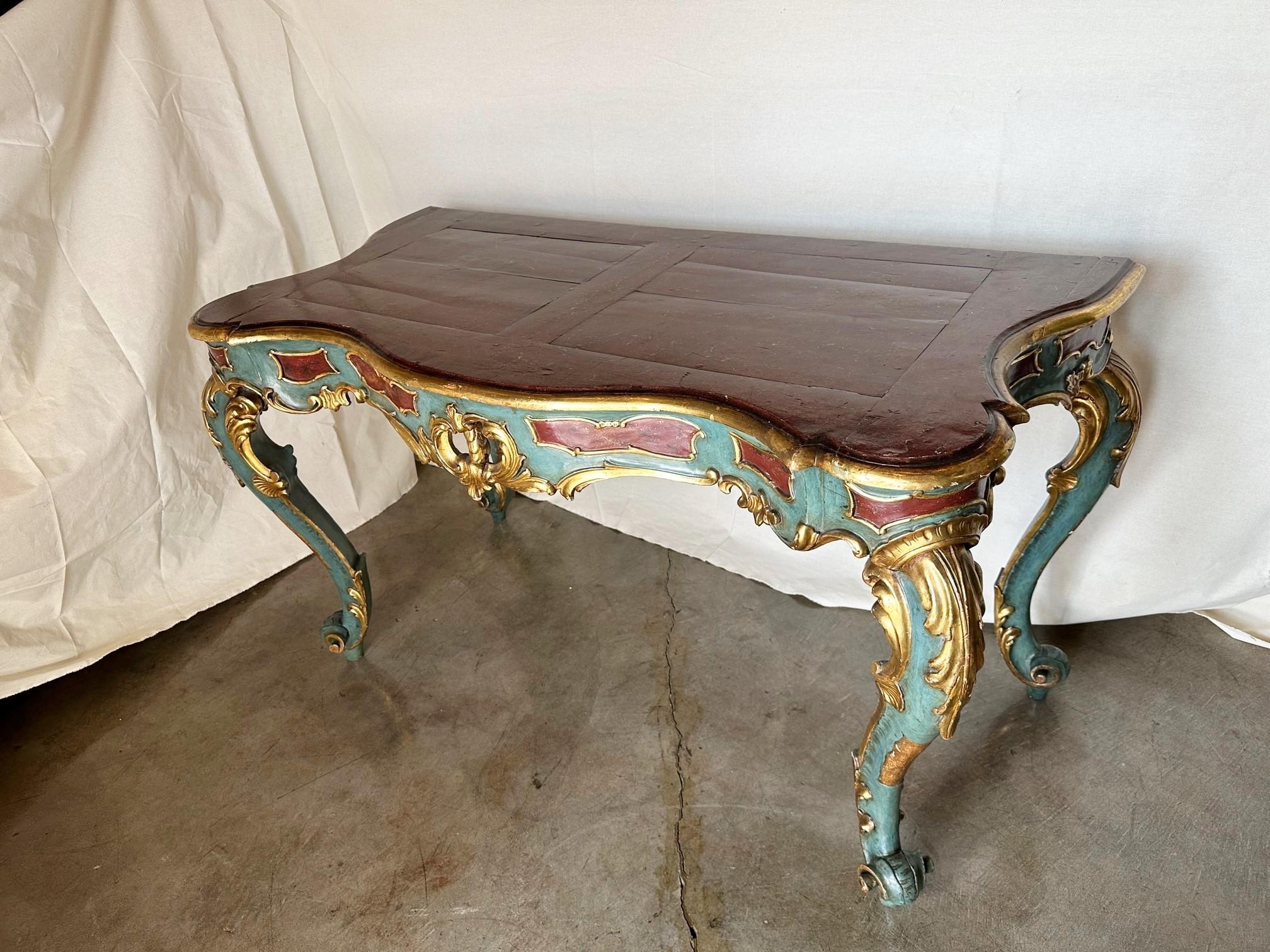 Venetian Rococo Gilt Painted Faux Stone Console Entry Table Office Desk Antique For Sale 1