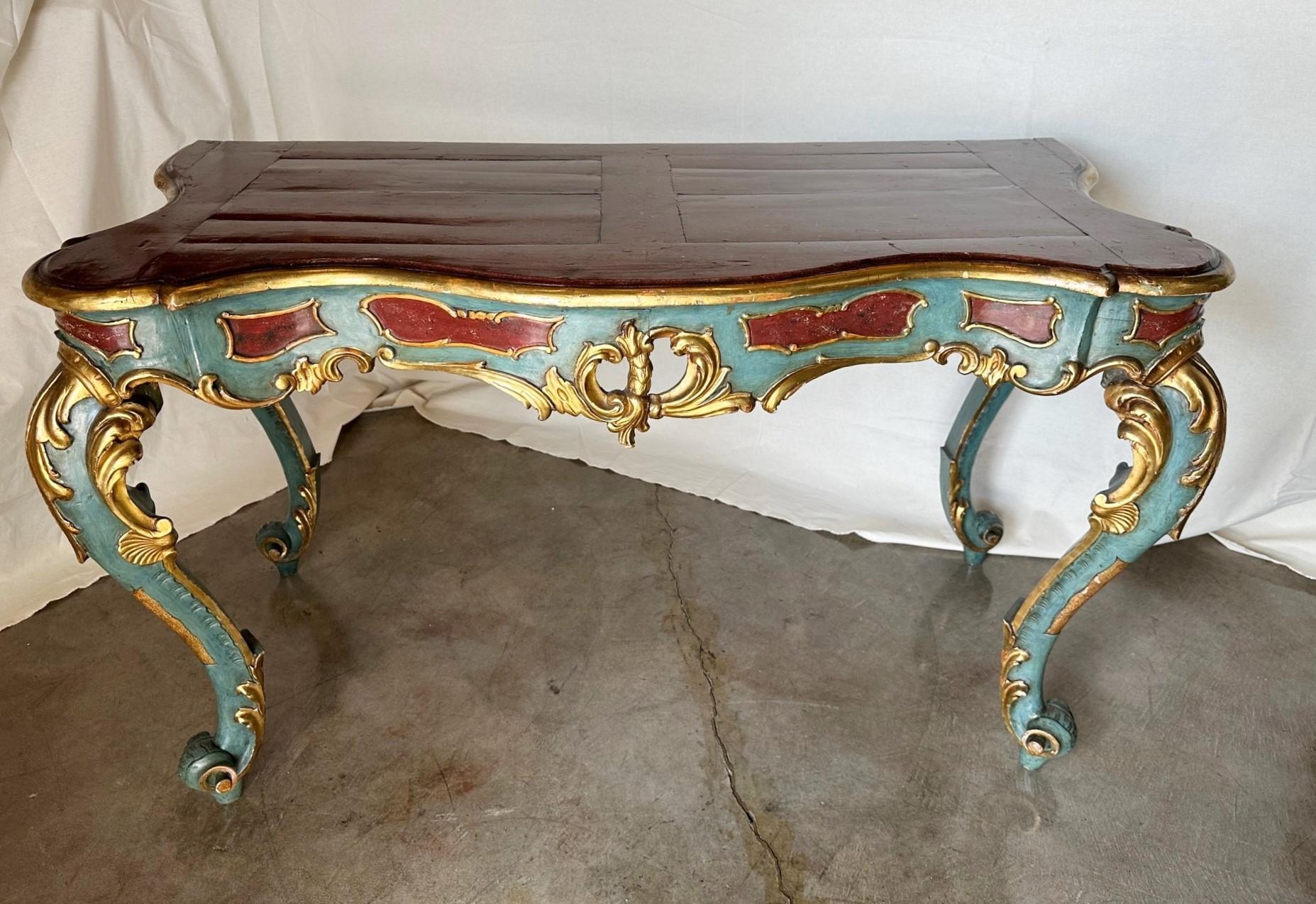 Venetian Rococo Gilt Painted Faux Stone Console Entry Table Office Desk Antique For Sale 3