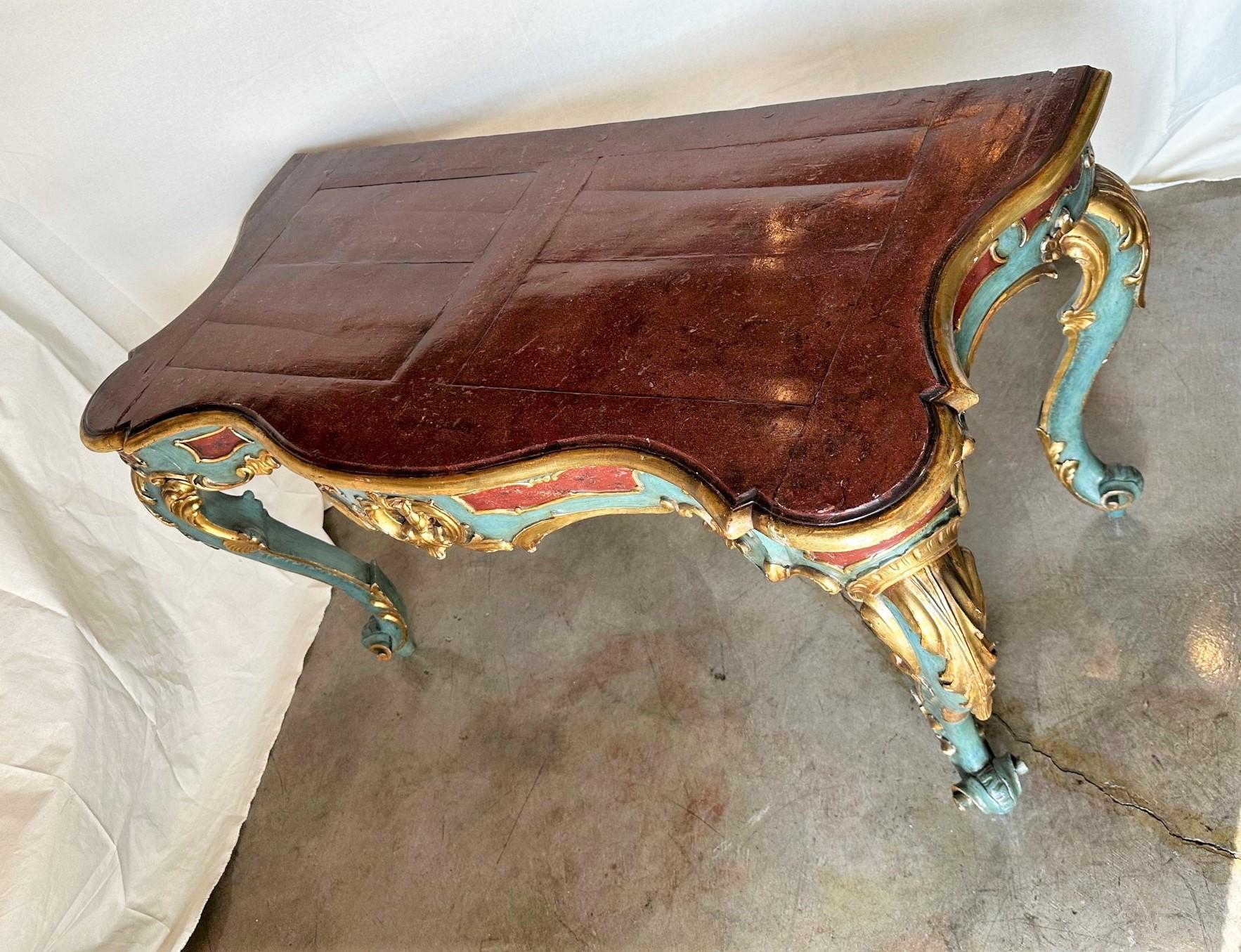 Venetian Rococo Gilt Painted Faux Stone Console Entry Table Office Desk Antique For Sale 7