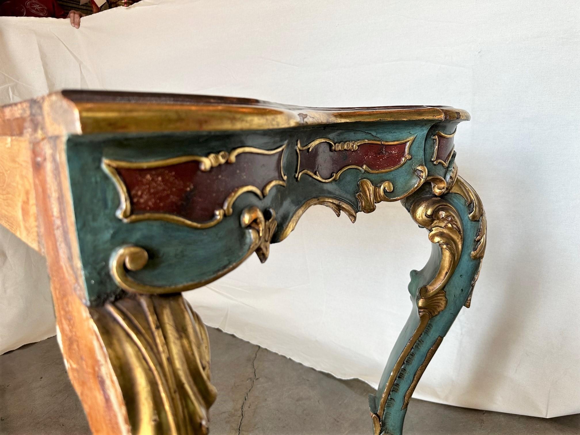 Venetian Rococo Gilt Painted Faux Stone Console Entry Table Office Desk Antique For Sale 8