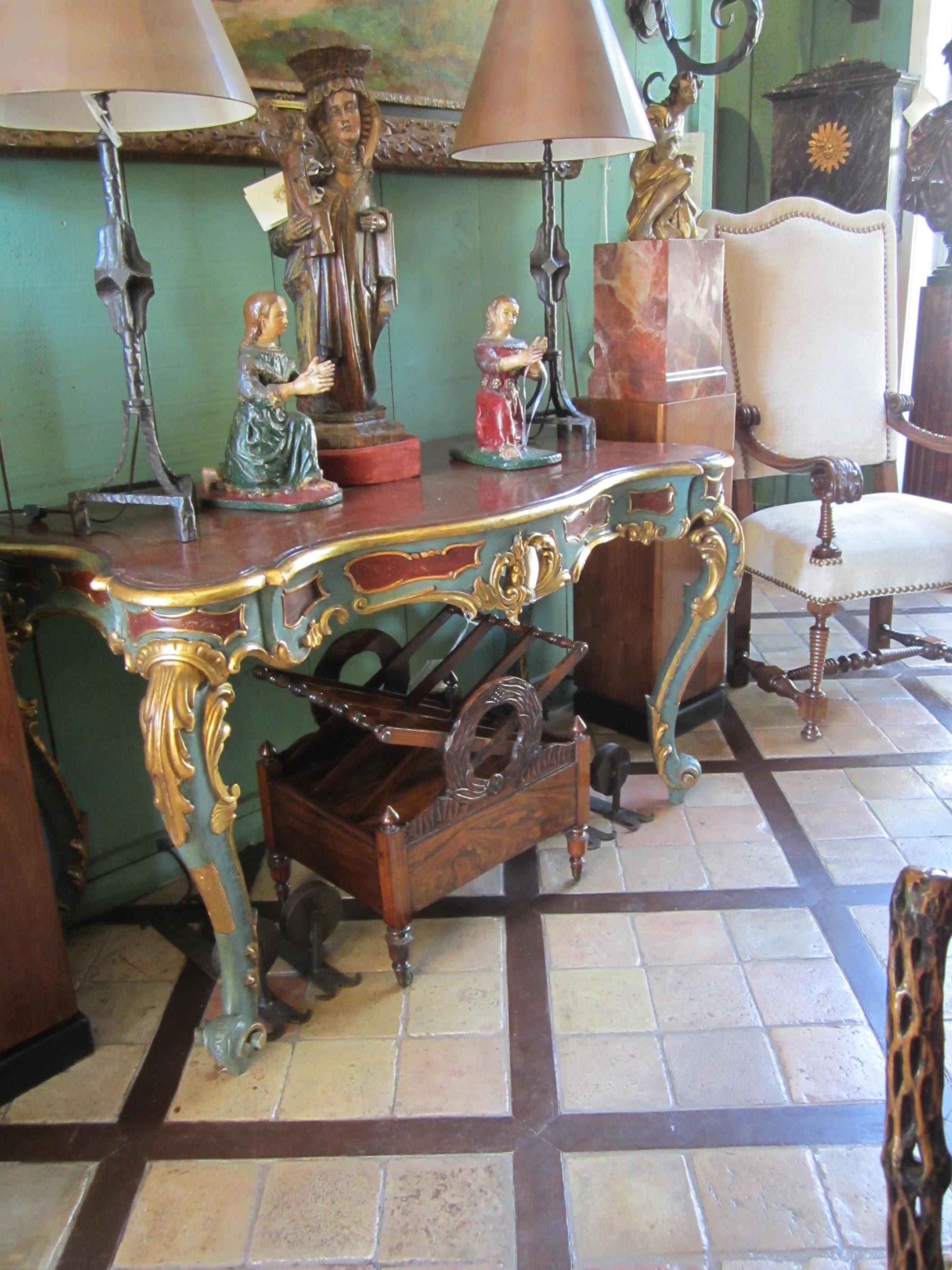 Venetian Rococo gilt painted faux stone console entry table office desk antique. An exceptional large 18th century serpentine front and sides molded table console Desk 1700 -1799 With original Hand Painted Faux porphyry. The artist initiating with