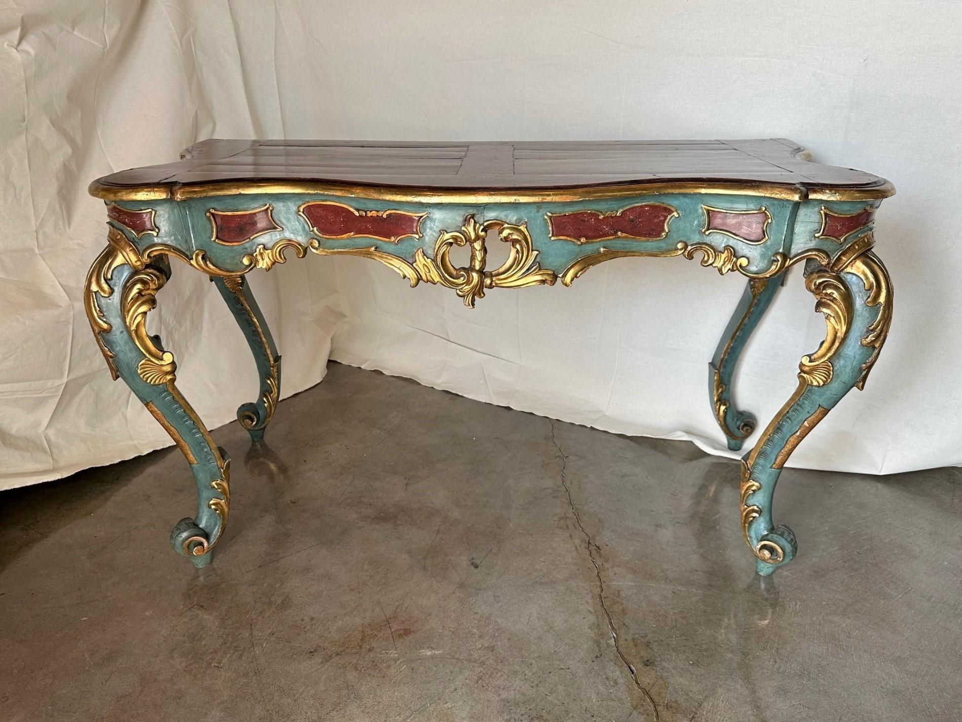 Italian Venetian Rococo Gilt Painted Faux Stone Console Entry Table Office Desk Antique For Sale