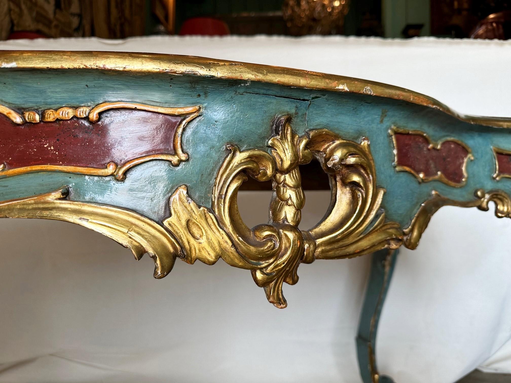 Carved Venetian Rococo Gilt Painted Faux Stone Console Entry Table Office Desk Antique For Sale