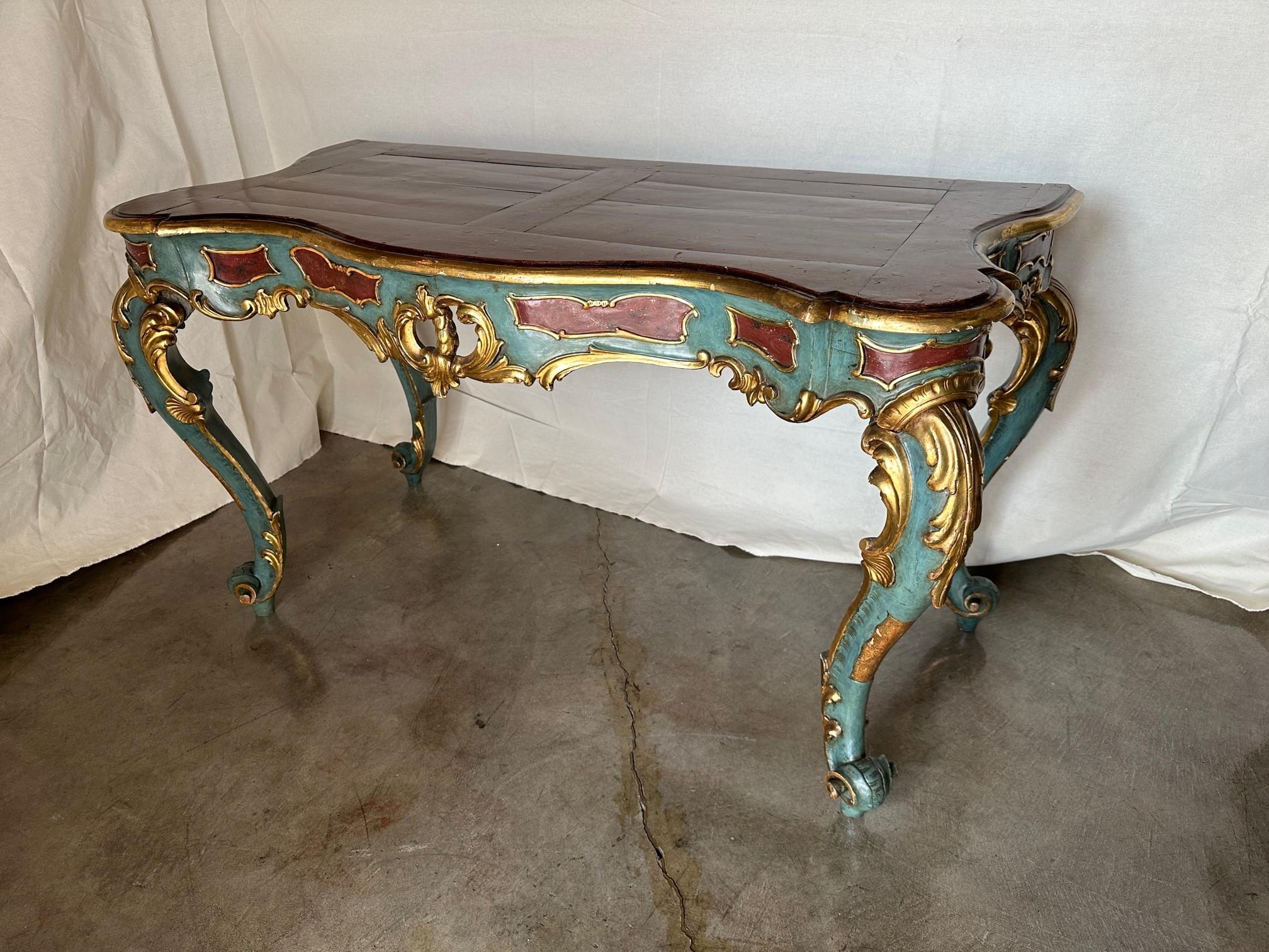 Hand-Painted Venetian Rococo Gilt Painted Faux Stone Console Entry Table Office Desk Antique For Sale