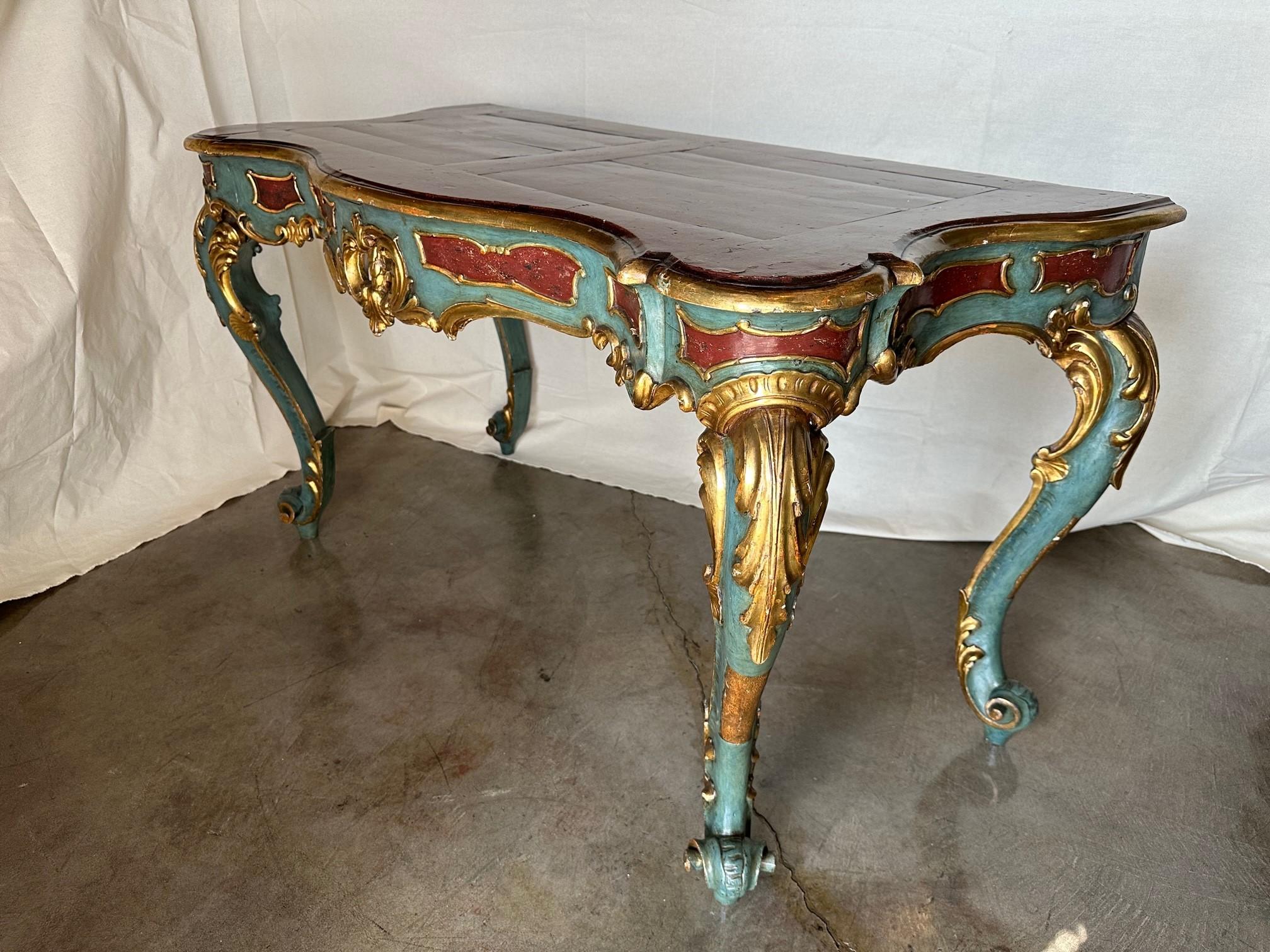 Wood Venetian Rococo Gilt Painted Faux Stone Console Entry Table Office Desk Antique For Sale