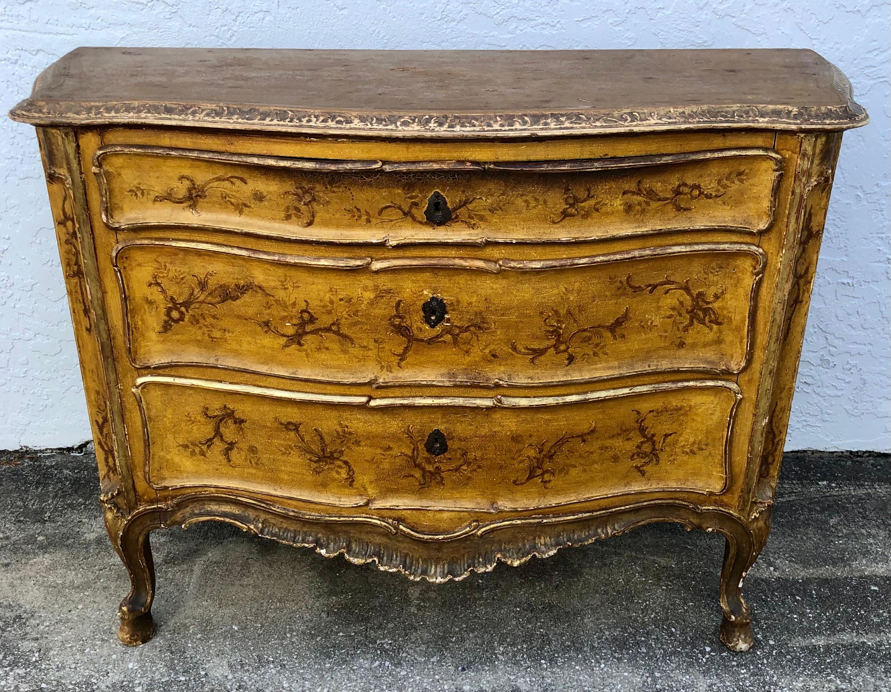 Superb Italian hand-painted three-drawer commode in the Rococo style with stunning decoration in the manner of 18th century Venetian furniture. Please look at the detail photos of this amazing chest, painted and gilt by a master artist in Italy.