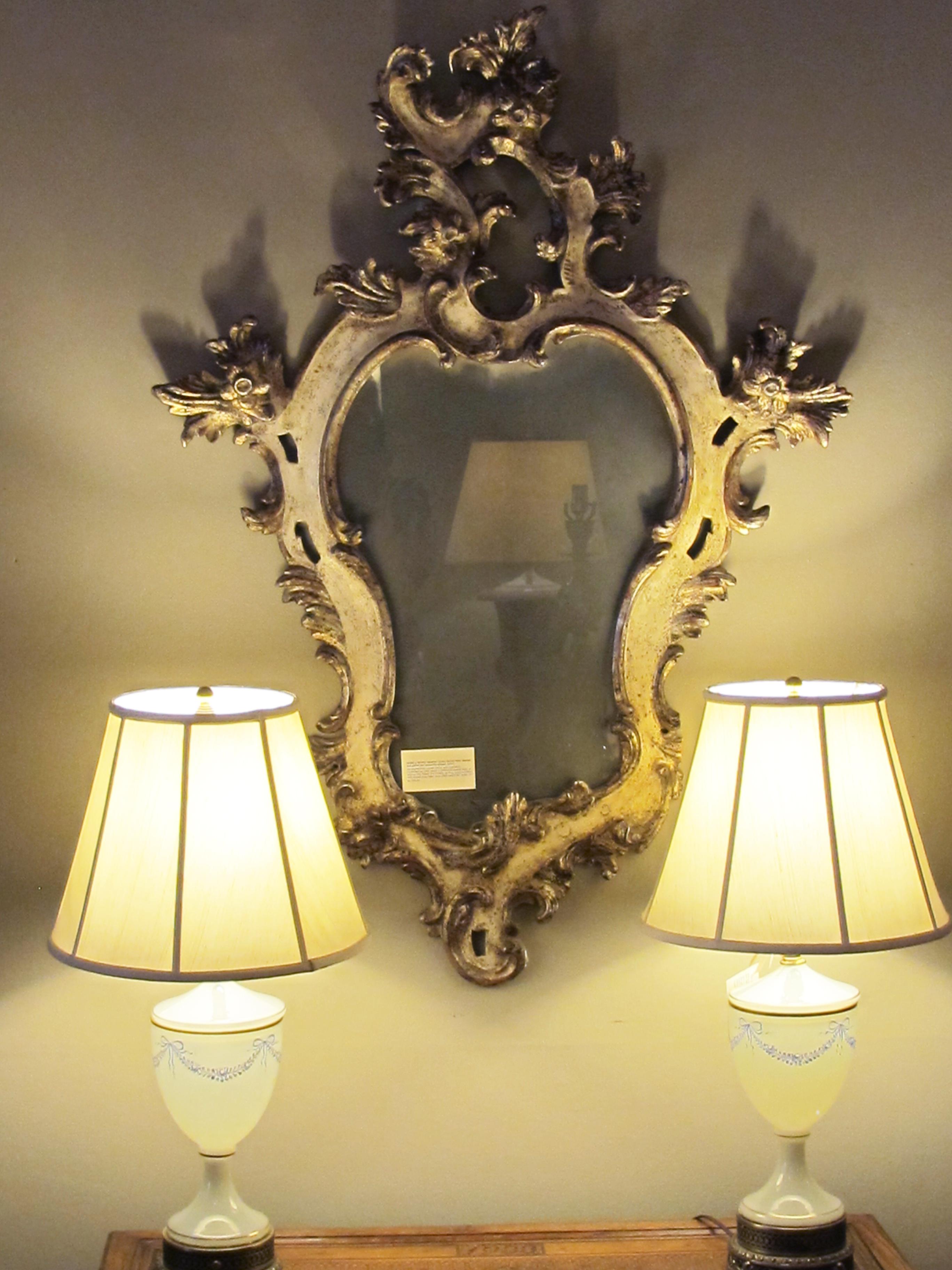 Carved Venetian Rococo Revival Ivory Painted and Parcel-Gilt Cartouche-Shaped Mirror For Sale