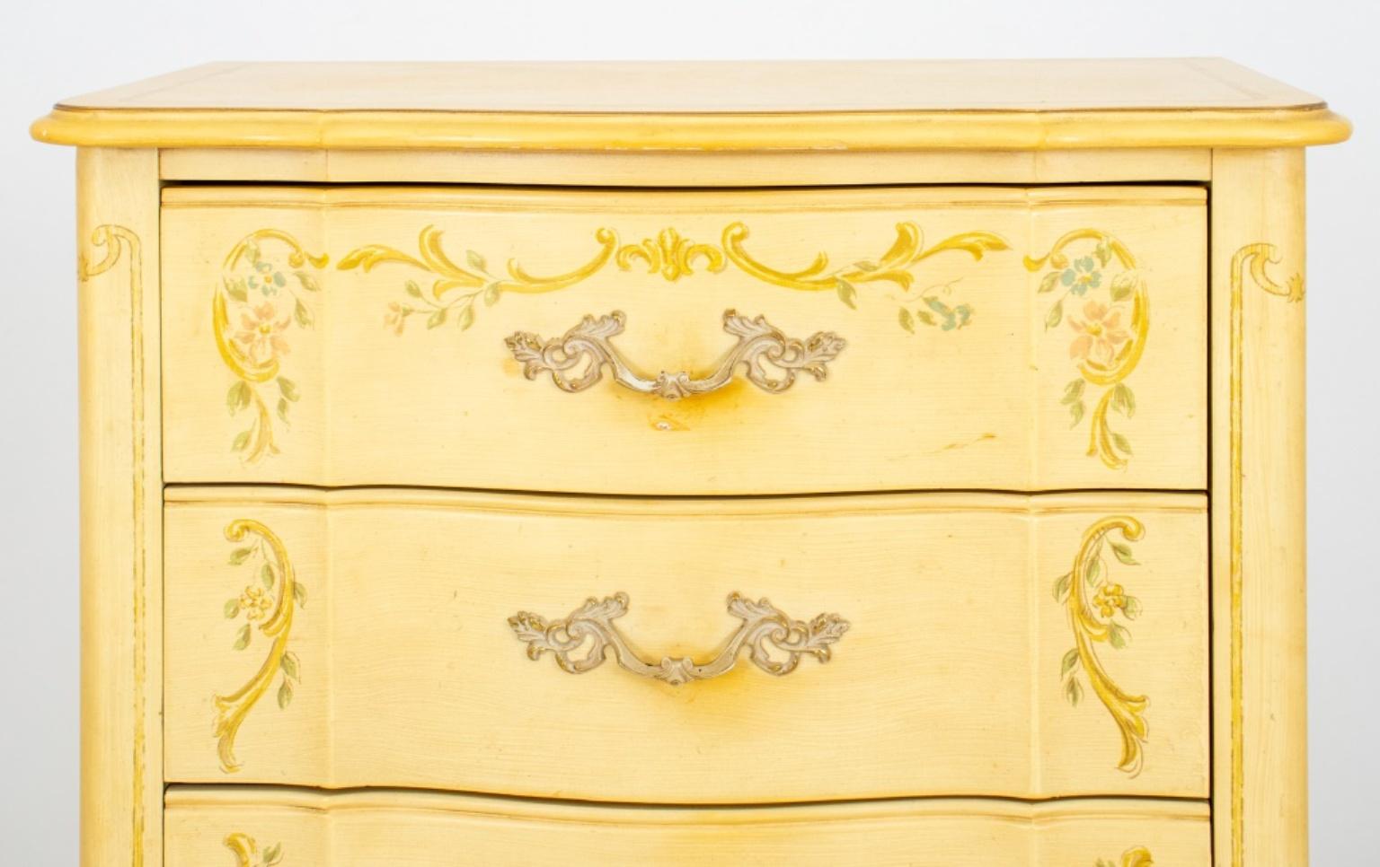 Venetian Rococo Revival lacquered semainier or tall dresser raised on cabriole feet, having seven drawers with rococo gilt metal handles and painted floral and acanthus foliage motifs.

Dimensions: 51