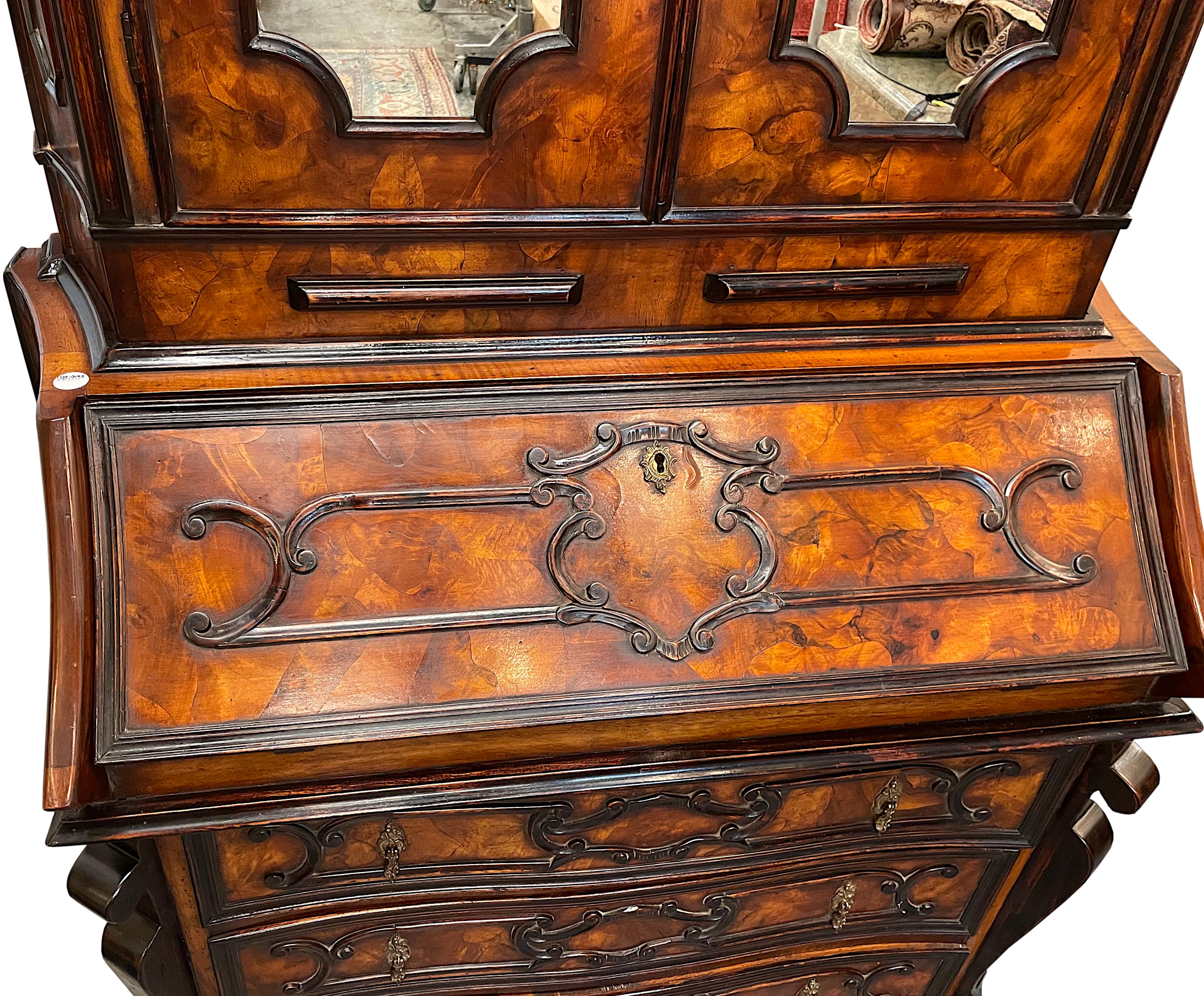Wood Venetian Rococo Style Burl Walnut Secretary Bookcase For Sale