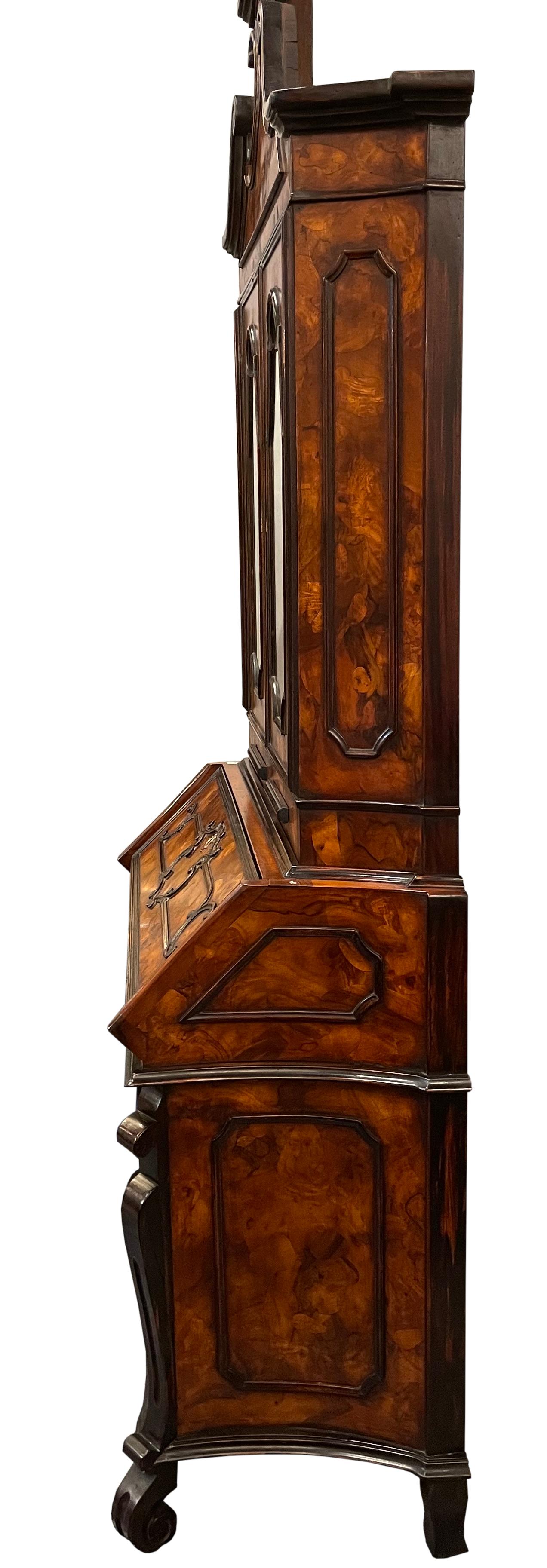 Venetian Rococo Style Burl Walnut Secretary Bookcase For Sale 1