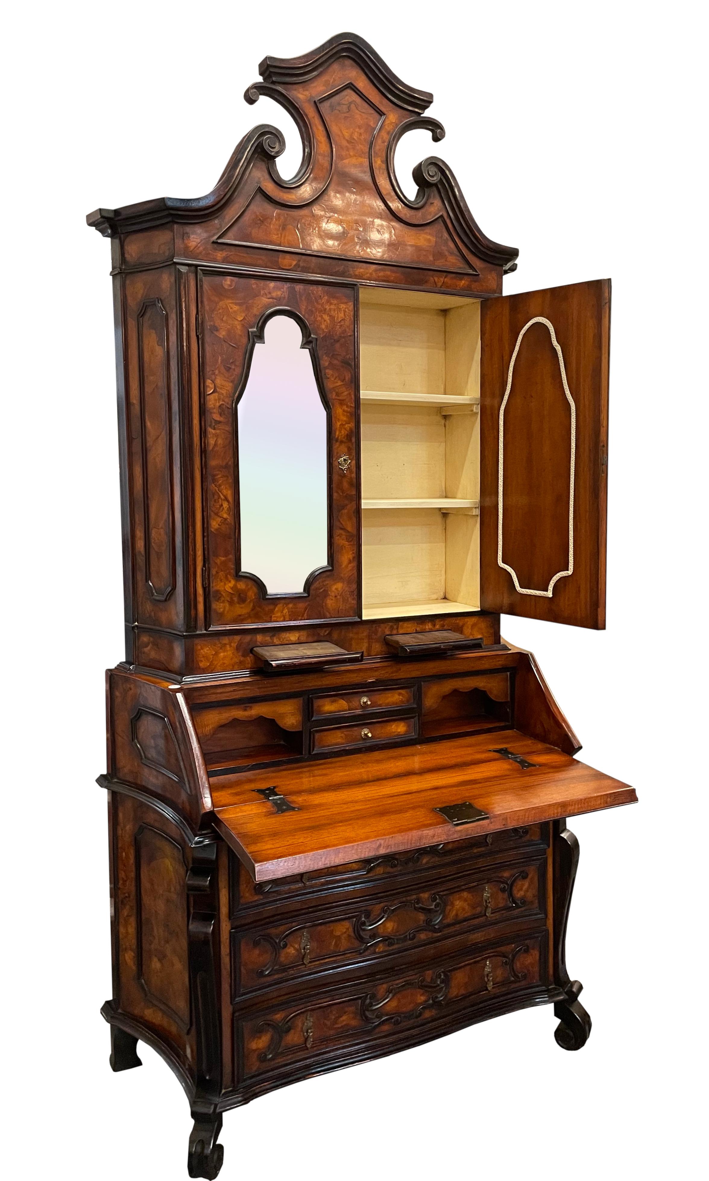 Venetian Rococo Style Burl Walnut Secretary Bookcase For Sale 3
