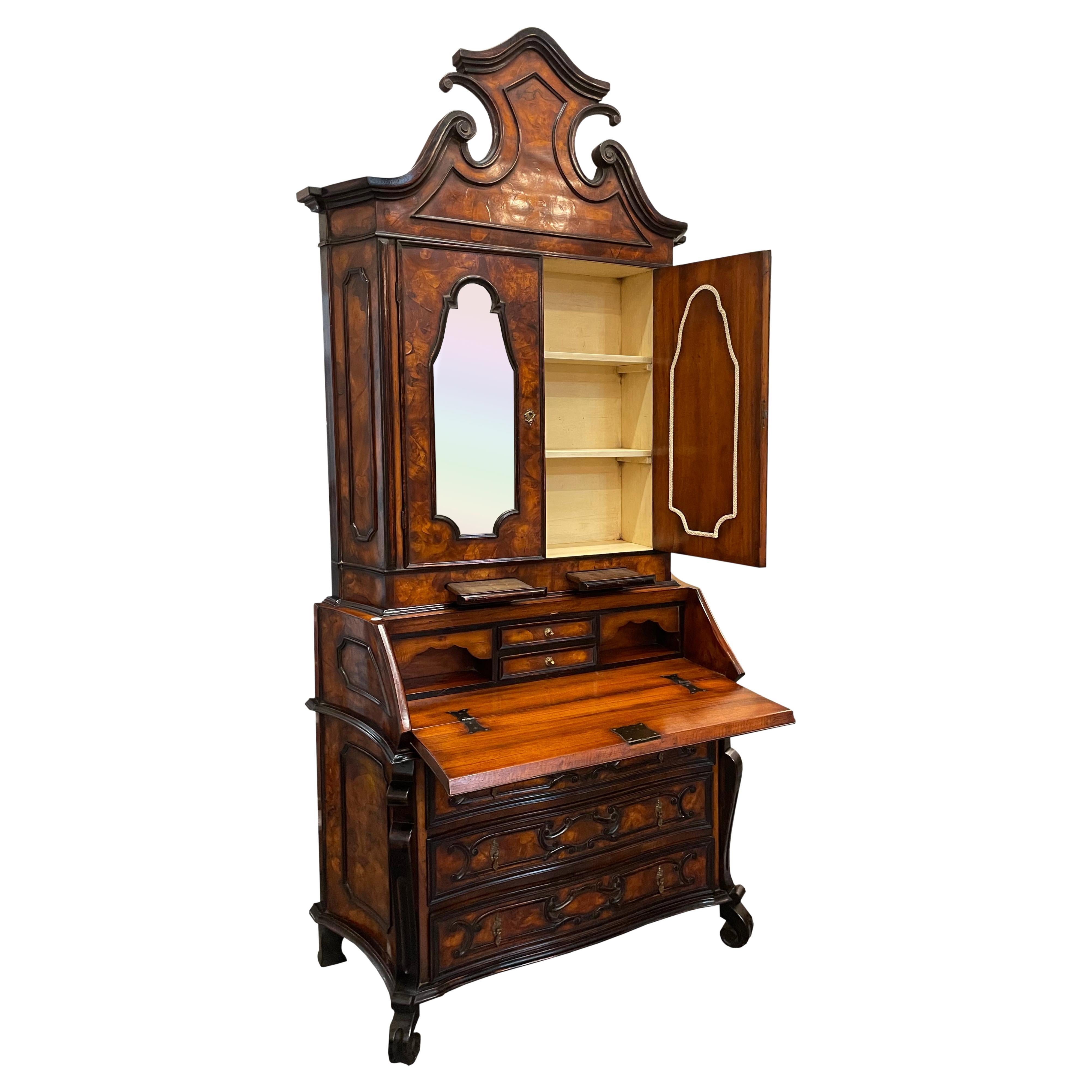 Venetian Rococo Style Burl Walnut Secretary Bookcase For Sale