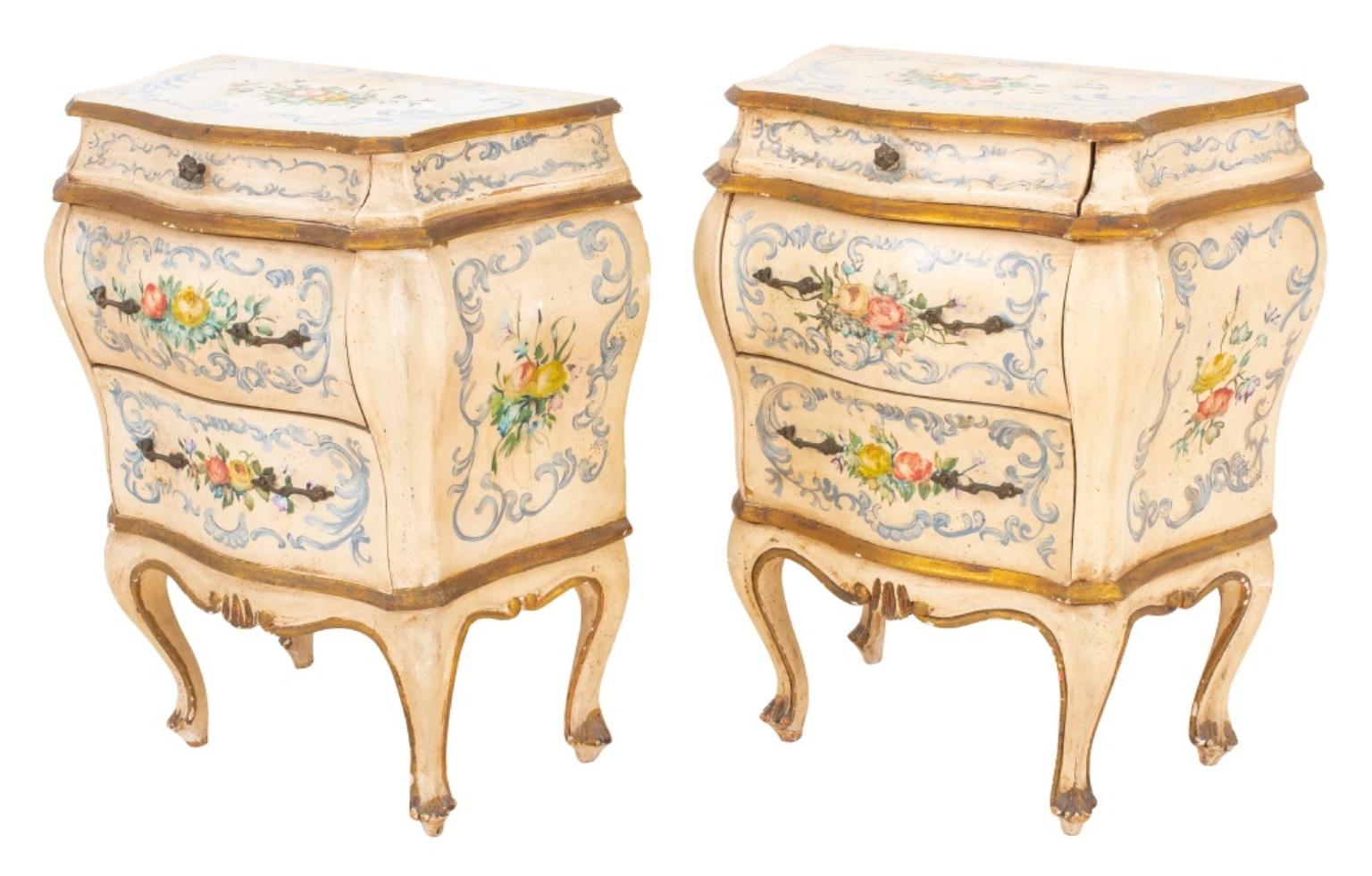 Venetian Rococo style small painted three drawer commodes, a pair, of bombe form and with allover polychrome floral and rocaille decoration, each with single shallow drawer above two deep, likely nightstands. 28