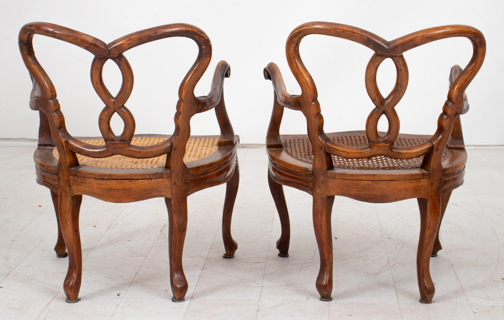19th Century Venetian Rococo Style Walnut Low Armchairs, Pair For Sale