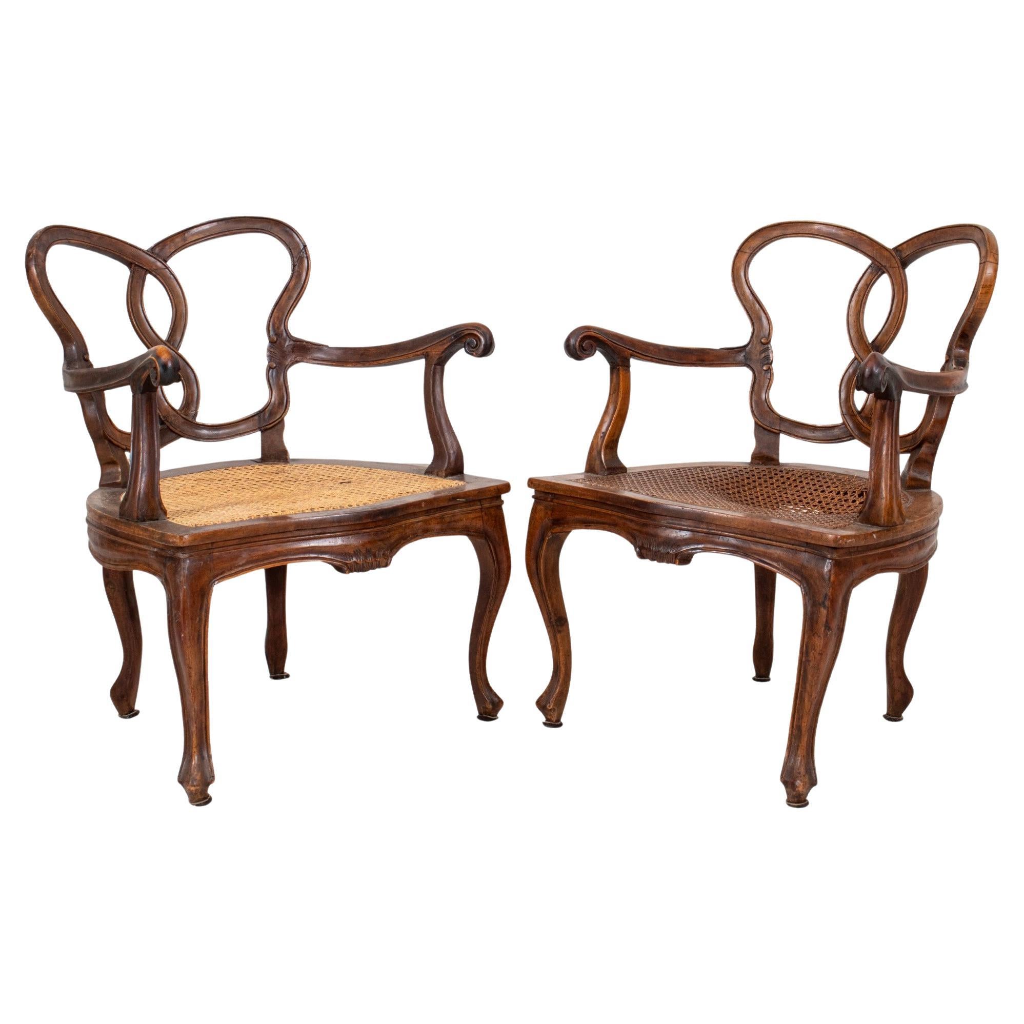 Venetian Rococo Style Walnut Low Armchairs, Pair For Sale