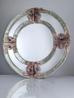 Venetian round mirror in pink and purple murano glass by Mazzega 1960s