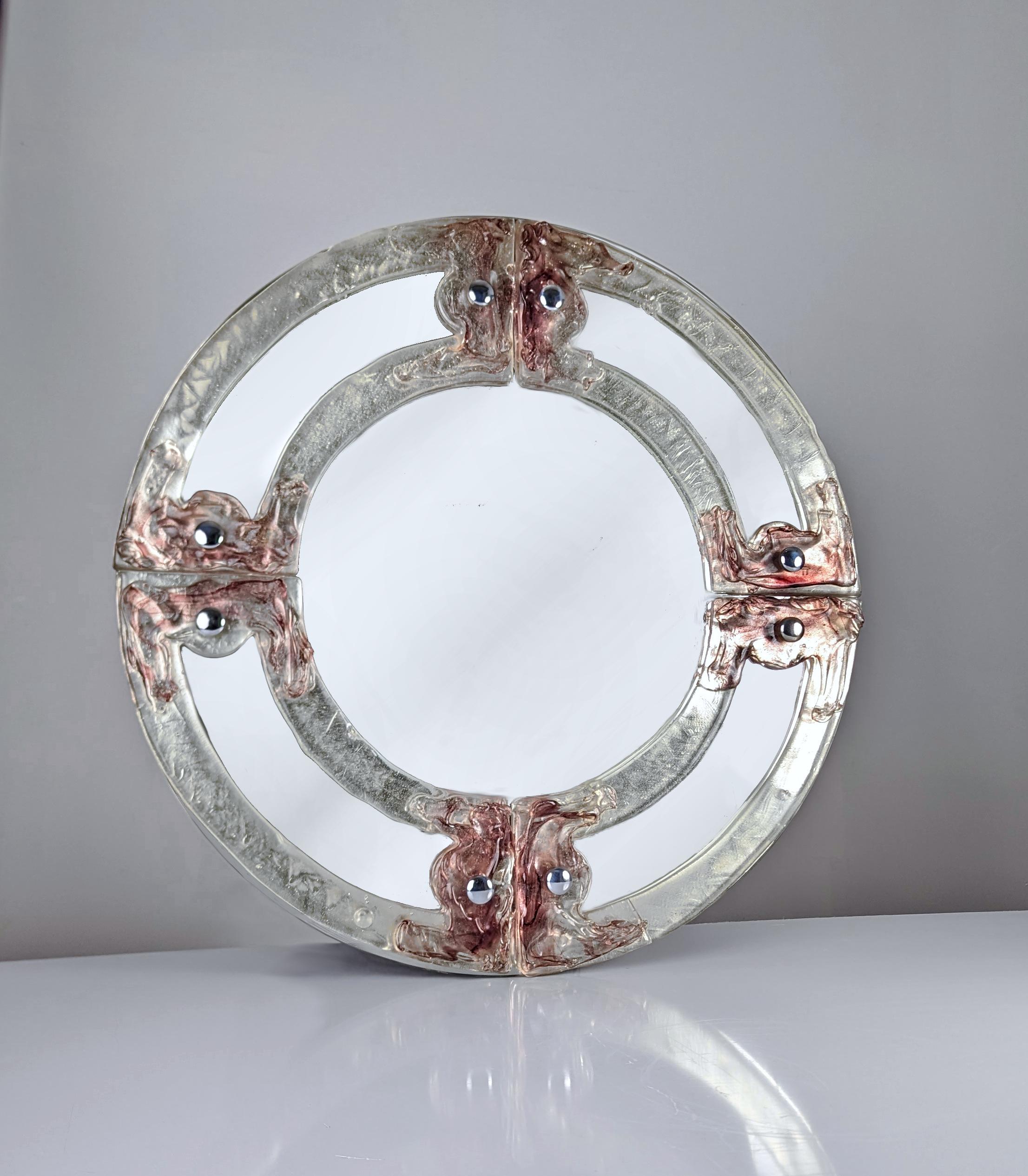 Mid-Century Modern Venetian round mirror in pink and purple murano glass by Mazzega 1960s For Sale