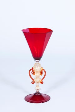 Venetian Ruby Glass Goblet with Gold Aventurine Articulated Stem 1970s