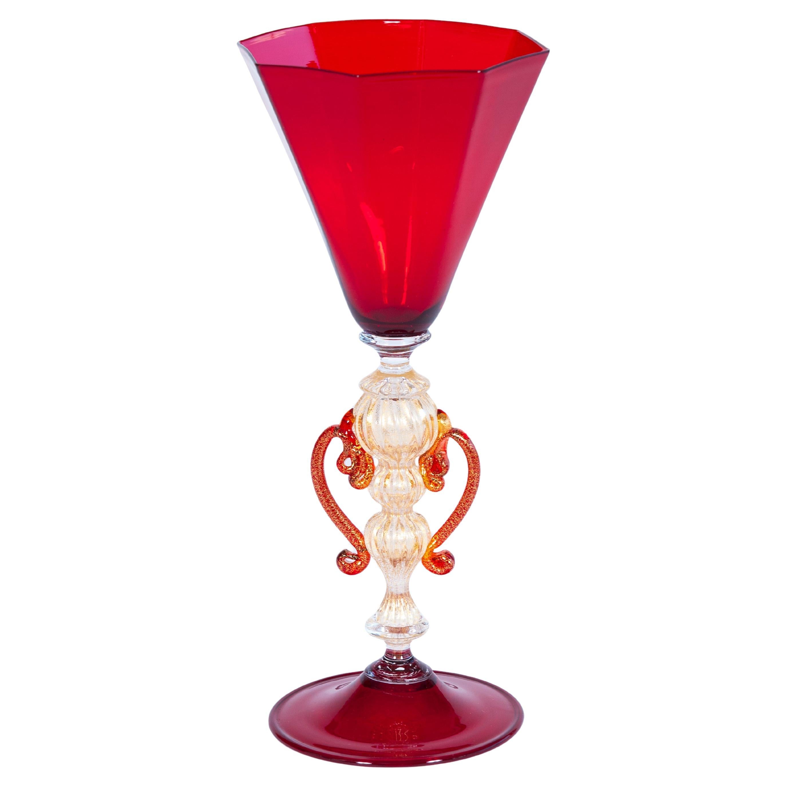 Venetian Ruby Glass Goblet with Gold Aventurine Articulated Stem 1970s