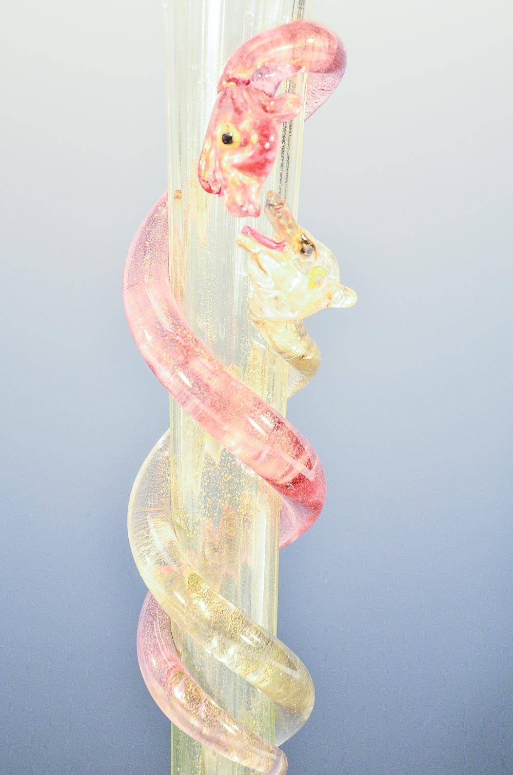 Italian Venetian Salviati Hand Blown Vase Applied Pink Snakes Gold Leaf Inclusions For Sale