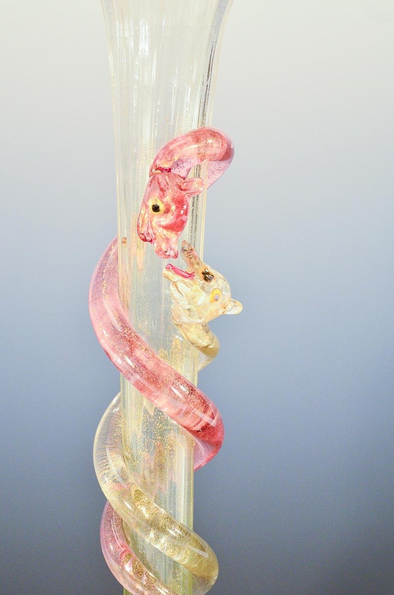 Venetian Salviati Hand Blown Vase Applied Pink Snakes Gold Leaf Inclusions For Sale 1