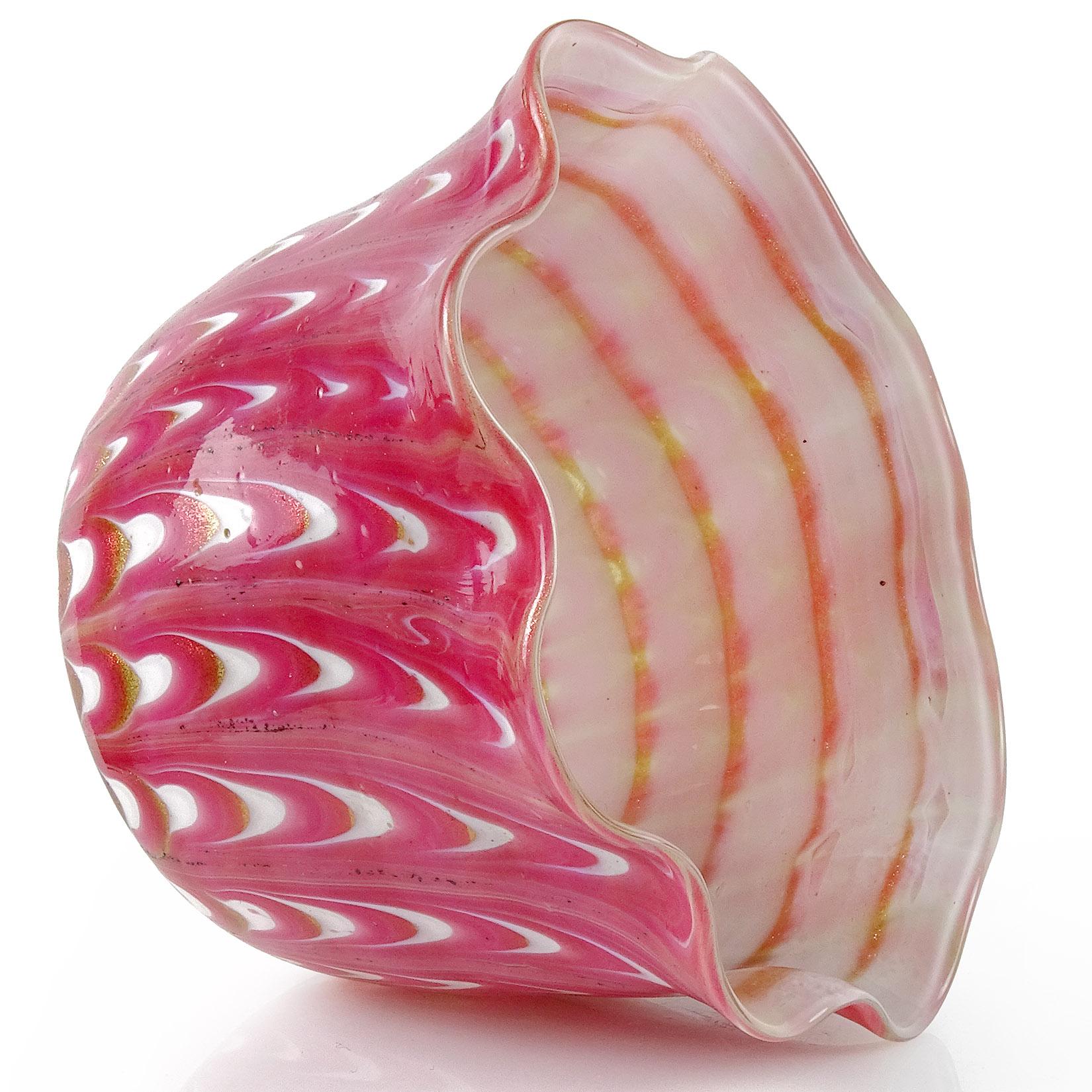 Late Victorian Venetian Salviati Fenicio Pink White Copper Aventurine Italian Art Glass Bowl For Sale