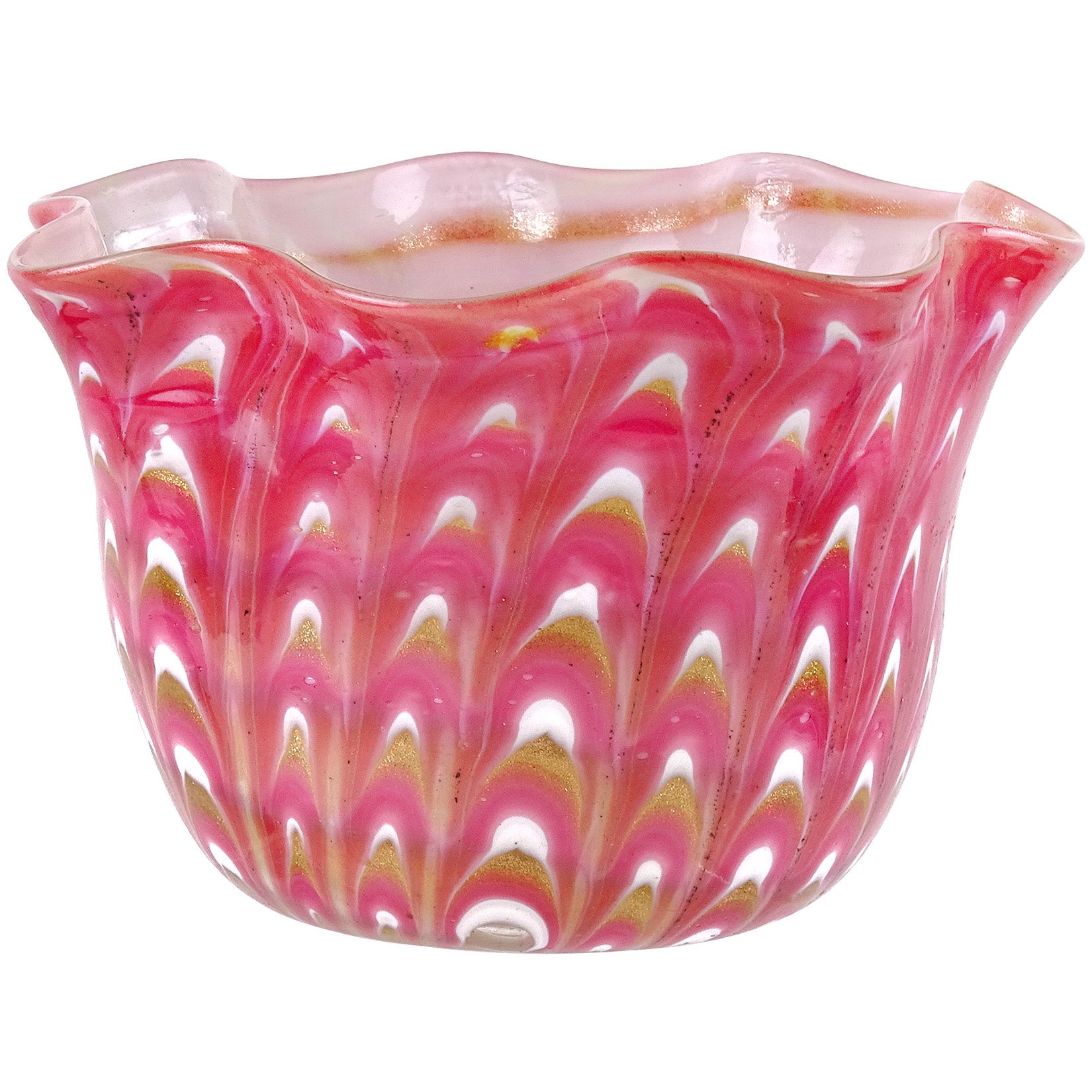 Venetian Salviati Fenicio Pink White Copper Aventurine Italian Art Glass Bowl For Sale