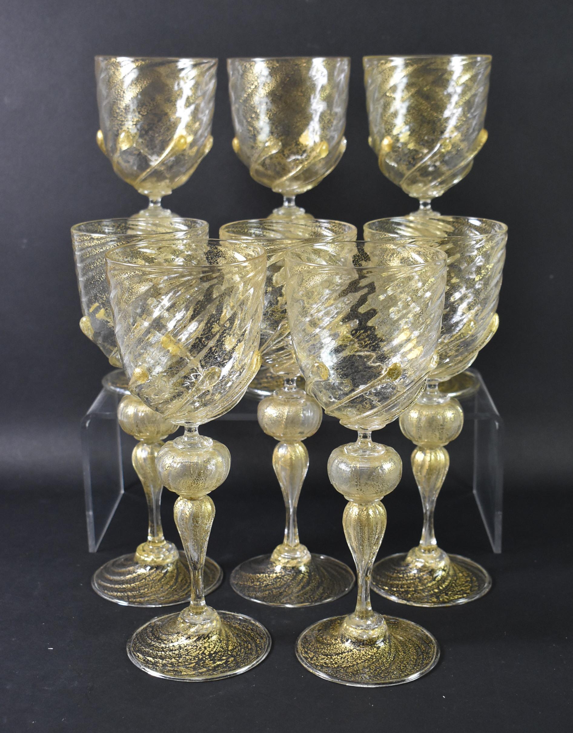 Italian Venetian Salviati Murano Crystal Gold Leaf Fleck Stemware For Sale