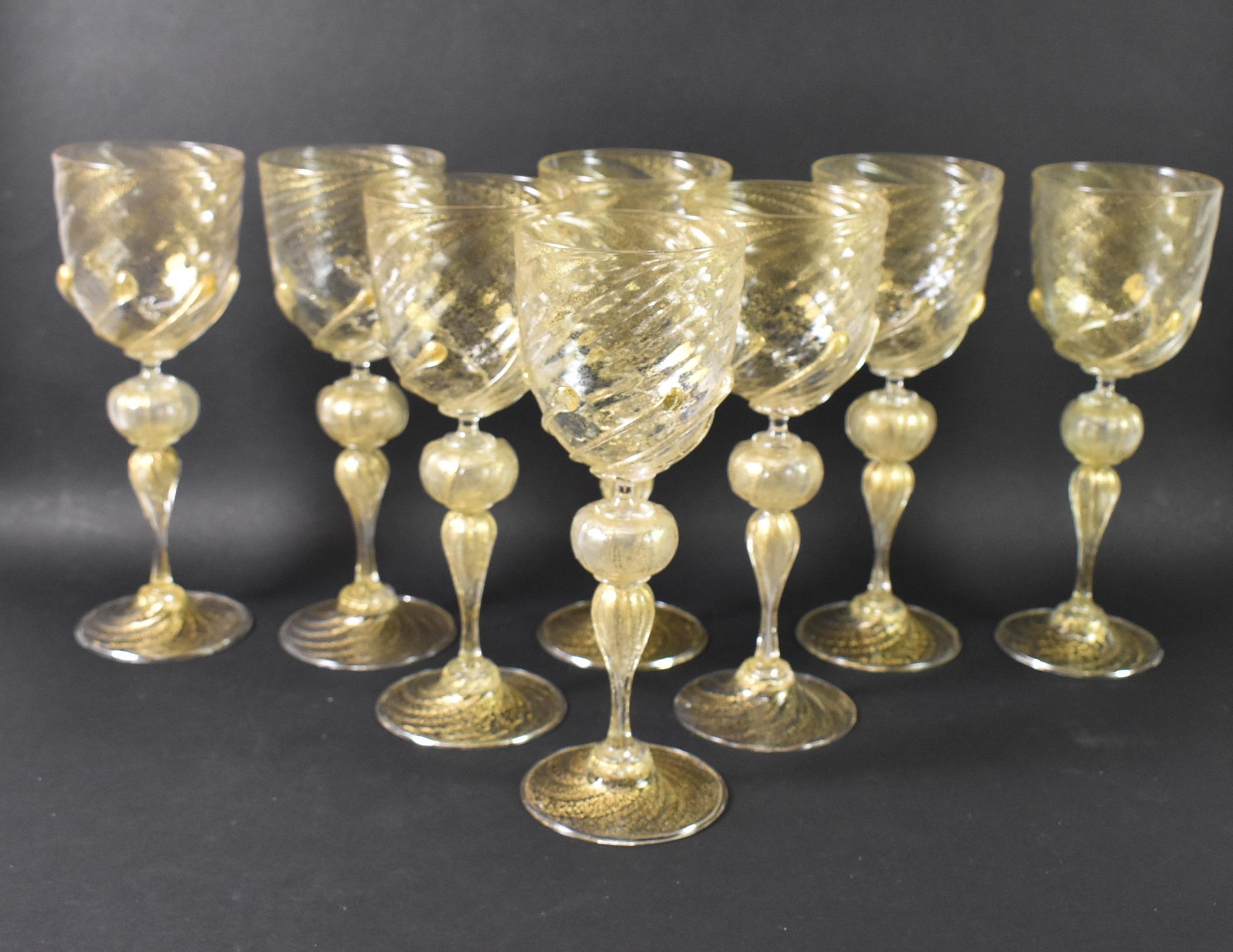 20th Century Venetian Salviati Murano Crystal Gold Leaf Fleck Stemware For Sale