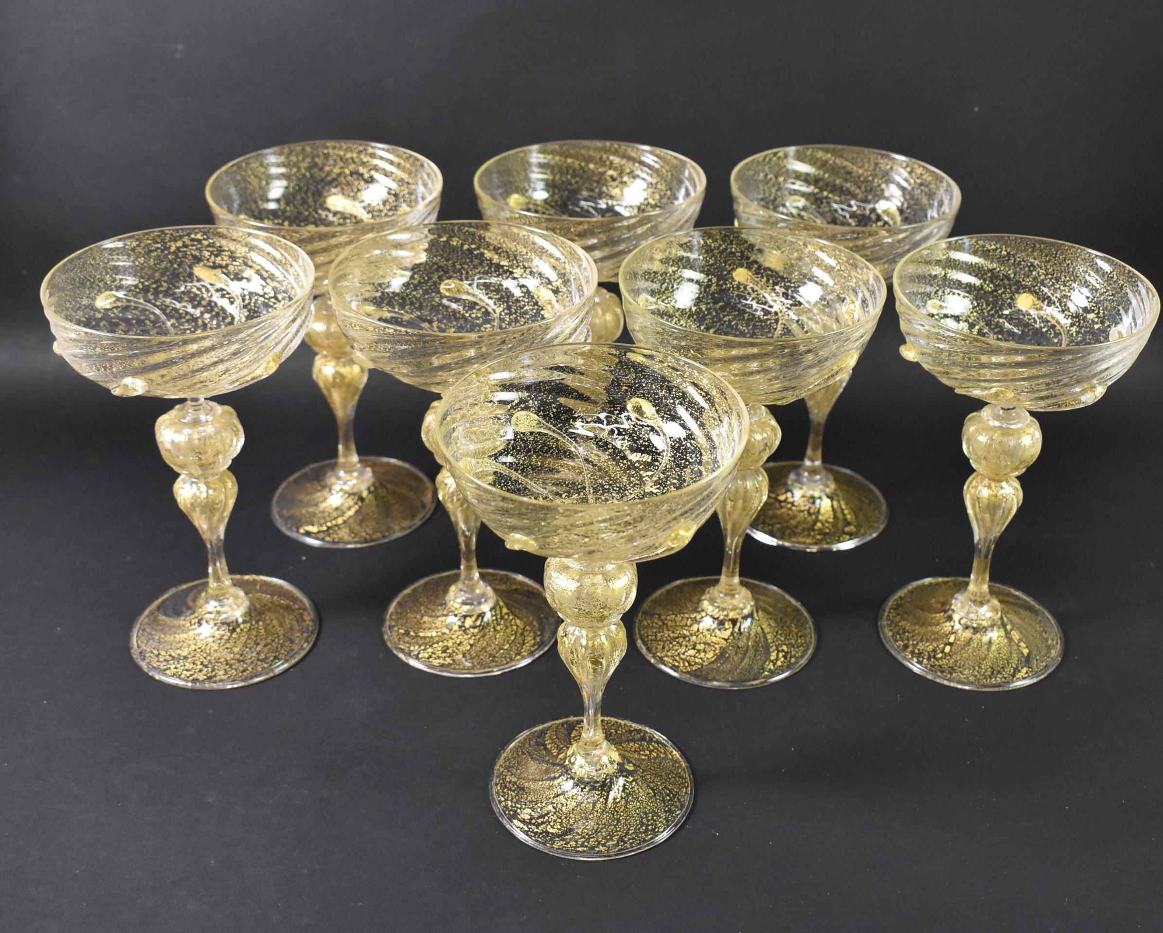 Blown Glass Venetian Salviati Murano Crystal Gold Leaf Fleck Stemware For Sale