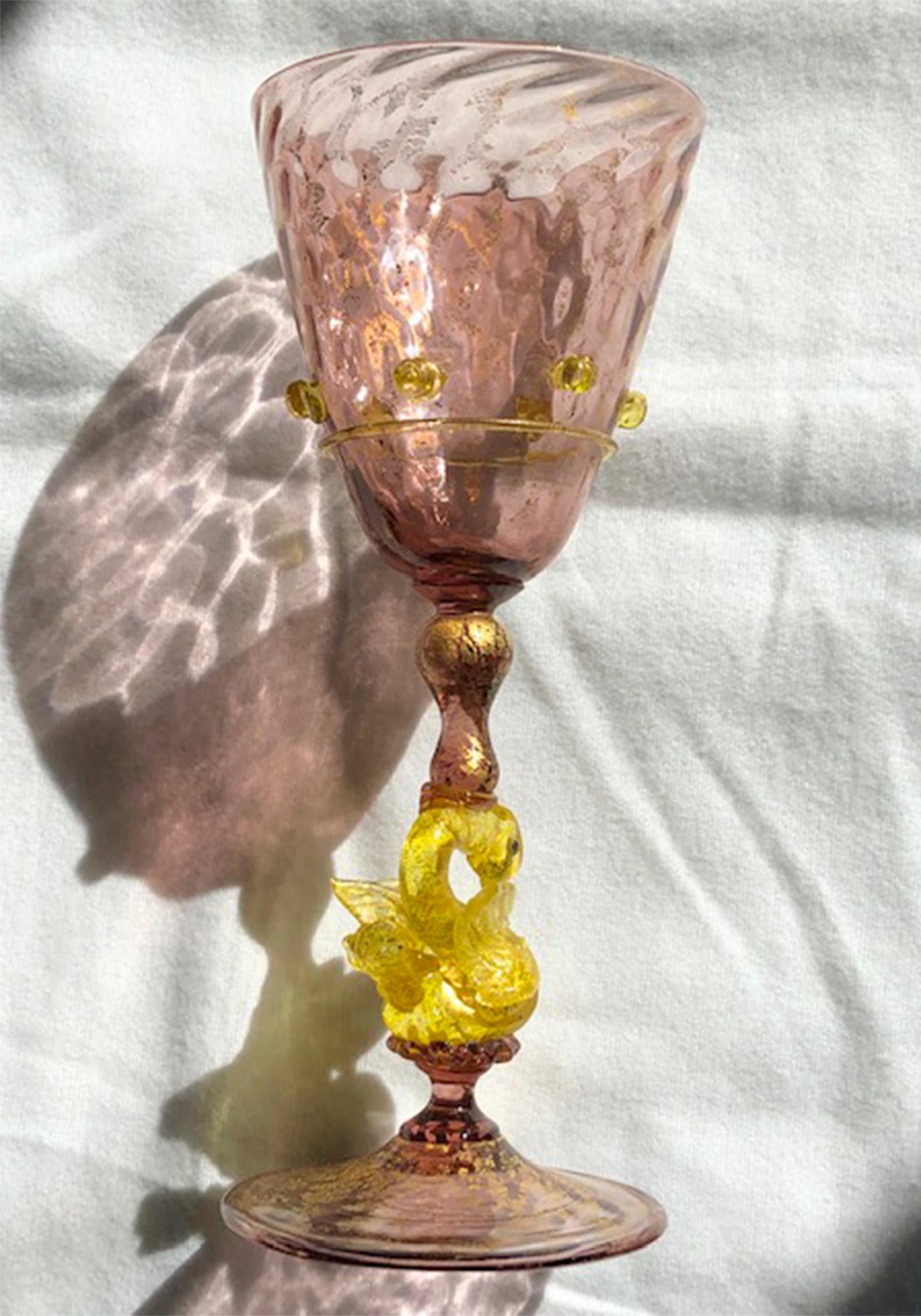 Venetian Salviati Set of 36 Pcs Stemware Service Amethyst w/ Gold Leaf & Swans For Sale 2