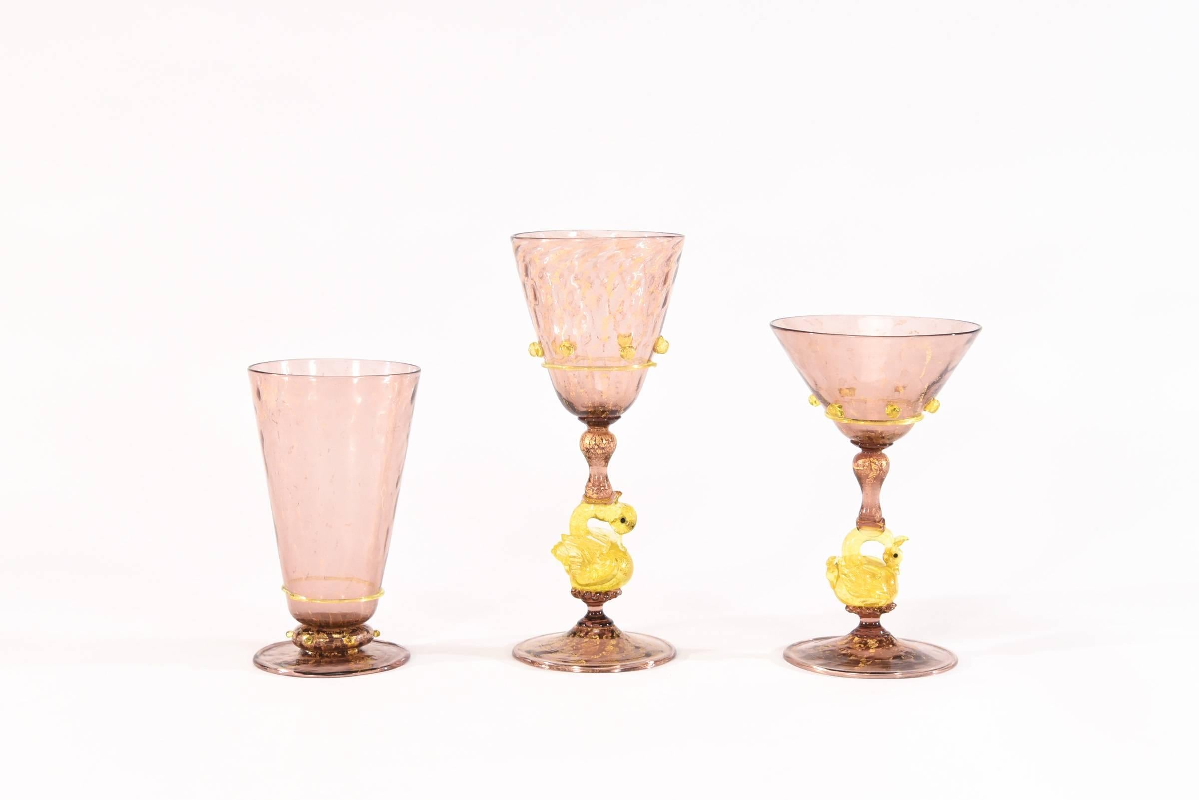 Italian Venetian Salviati Set of 36 Pcs Stemware Service Amethyst w/ Gold Leaf & Swans For Sale