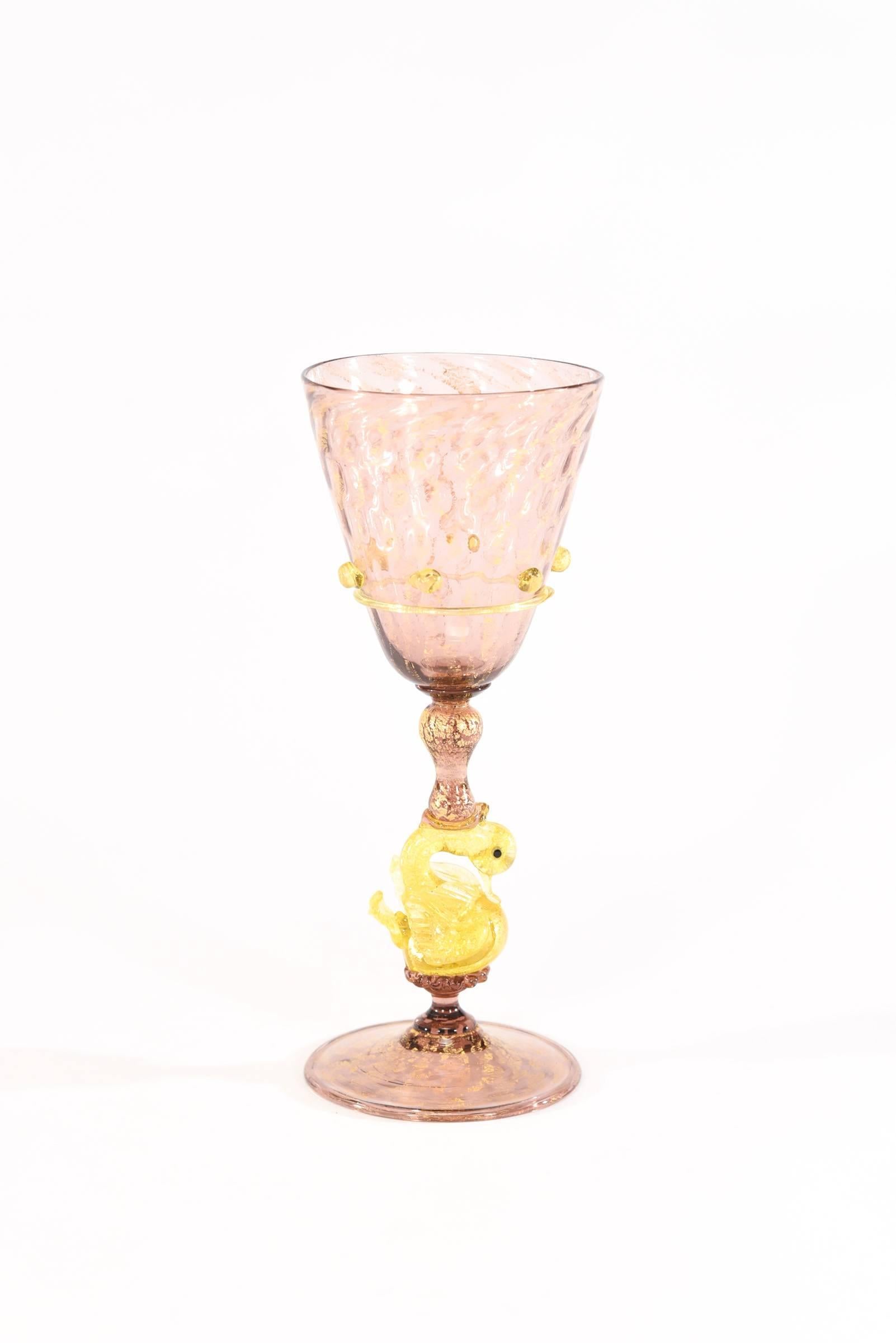 Early 20th Century Venetian Salviati Set of 36 Pcs Stemware Service Amethyst w/ Gold Leaf & Swans For Sale